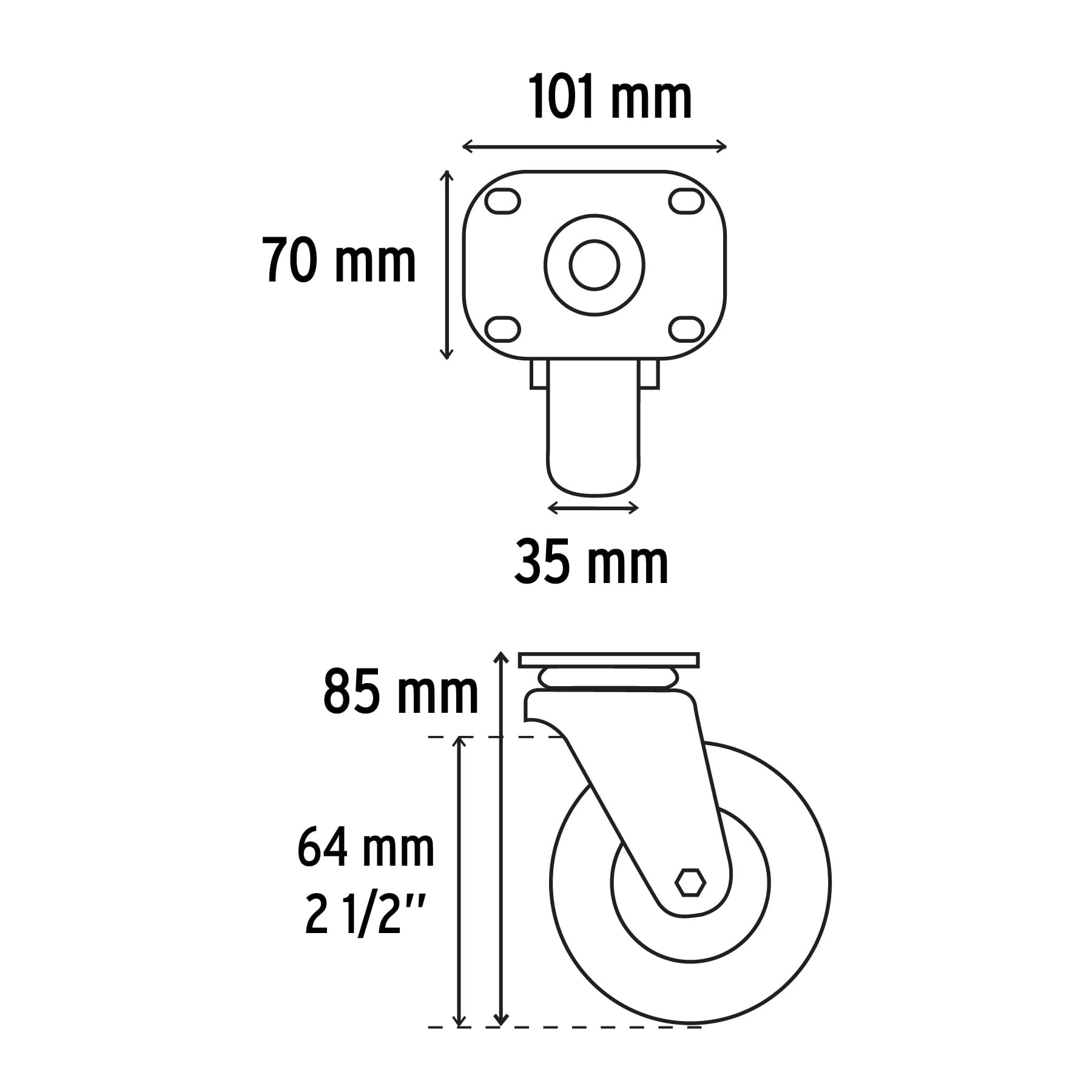 Rodaja hule 2-1/2" placa giratoria con buje, carga 50kg, Fiero