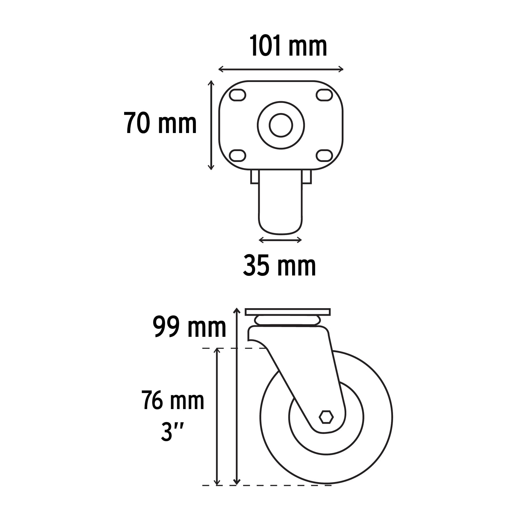 Rodaja hule 3", placa giratoria con buje, carga 60kg, Fiero