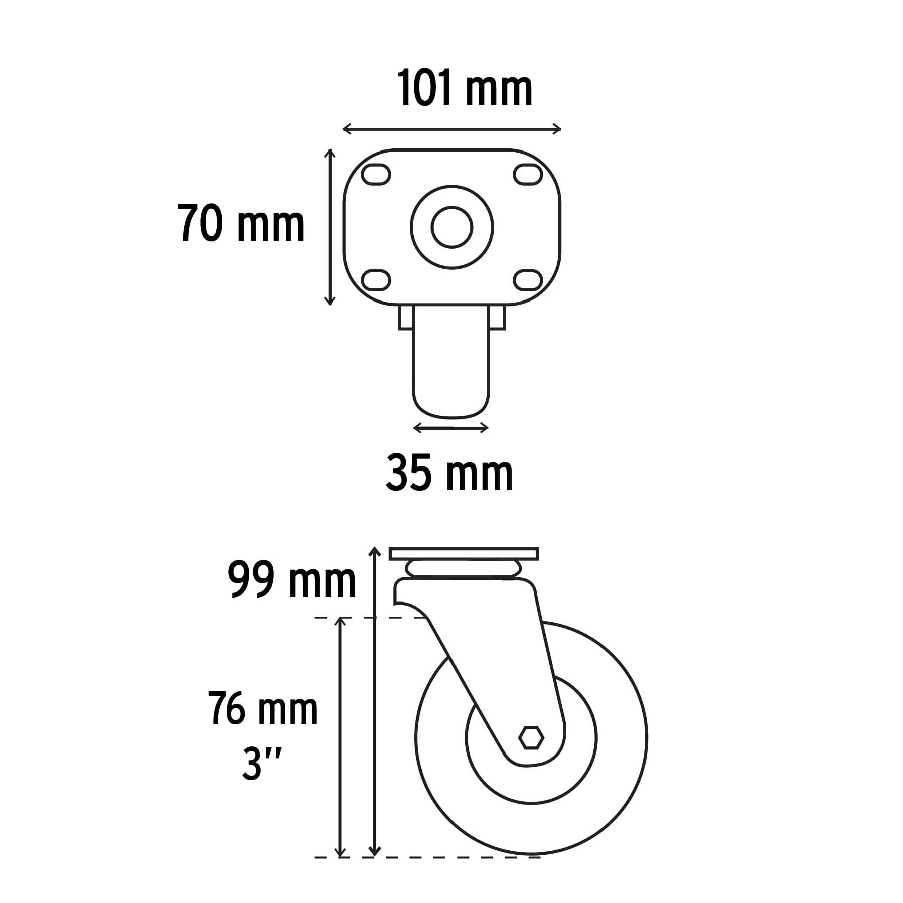 Rodaja hule 3", placa giratoria con balero, carga 60kg, Fiero