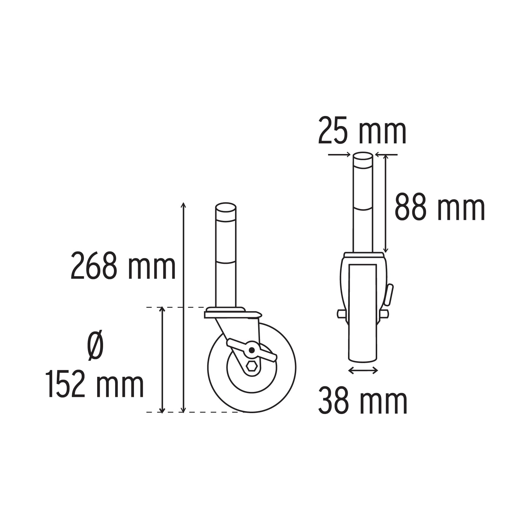 Rodaja hule 6" con espiga sólida y freno, carga 125kg, Fiero