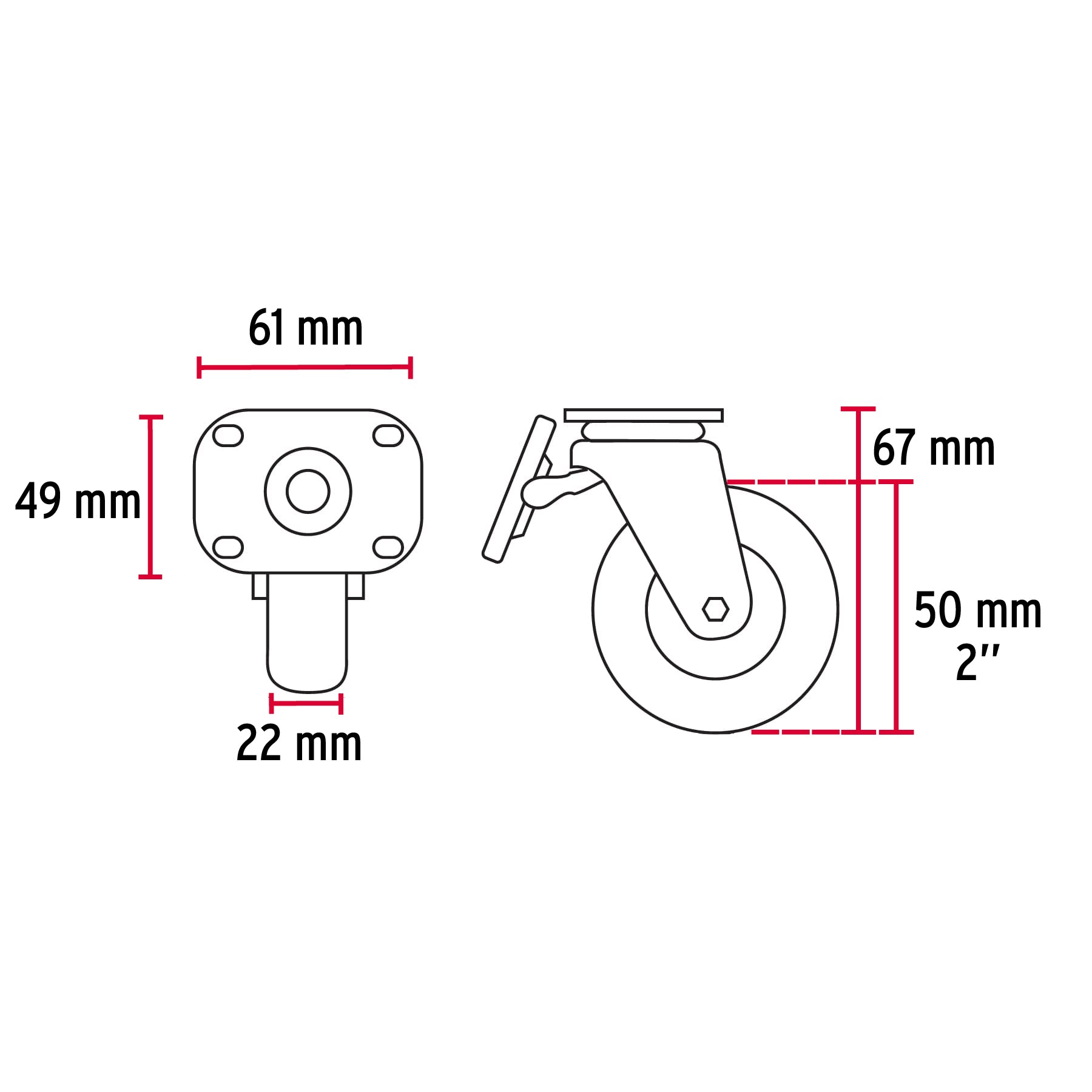 Rodaja de polietileno 2" placa giratoria, con freno, Fiero