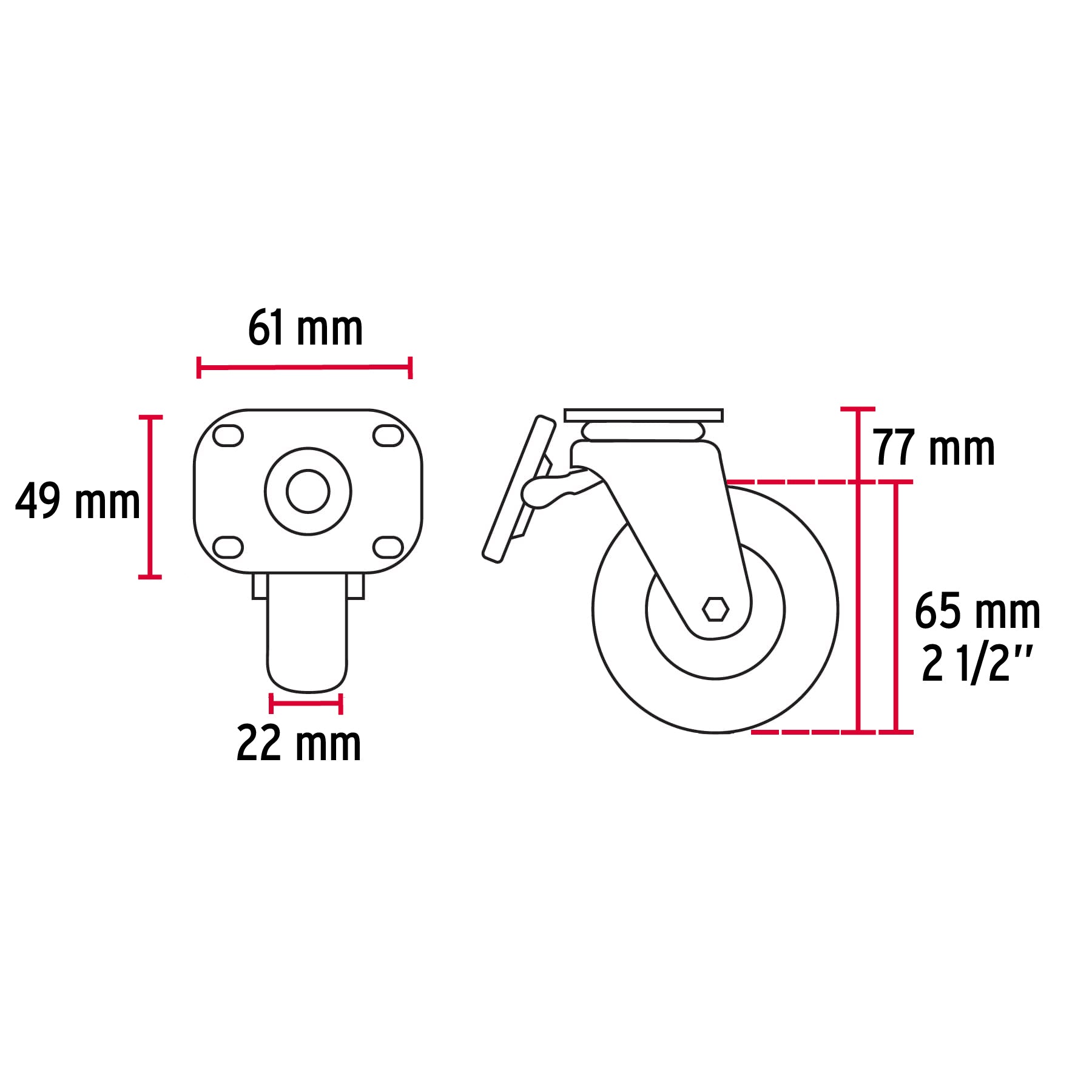 Rodaja de polietileno 2-1/2" placa giratoria con freno Fiero
