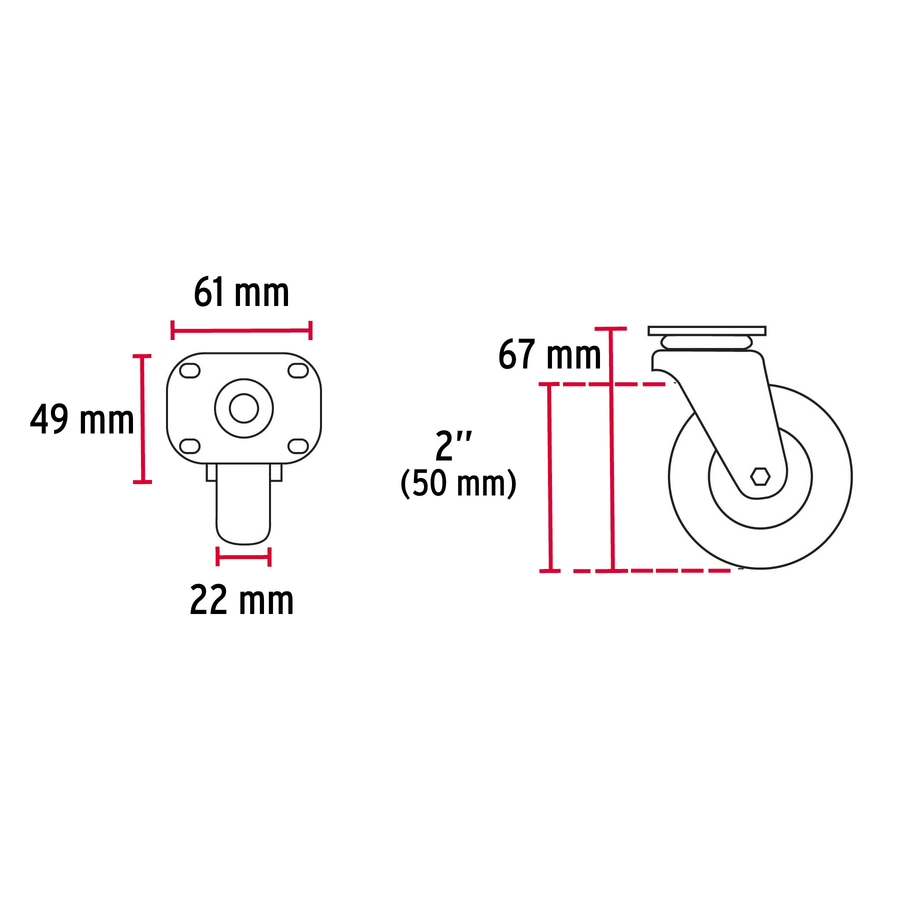 Rodaja de polietileno 2" placa giratoria, con buje, Fiero