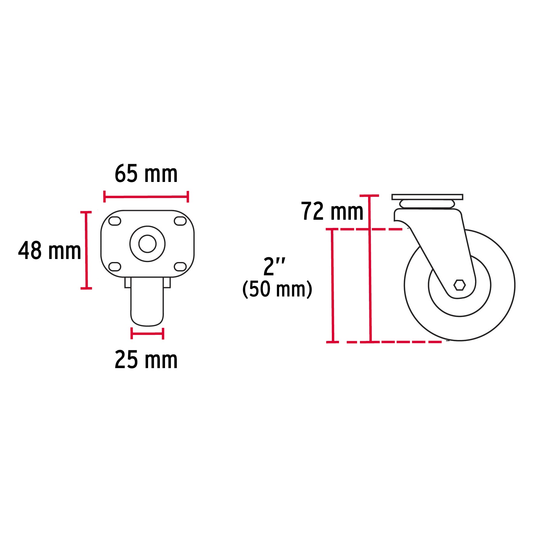 Rodaja de polietileno 2" placa giratoria, con balero, Fiero