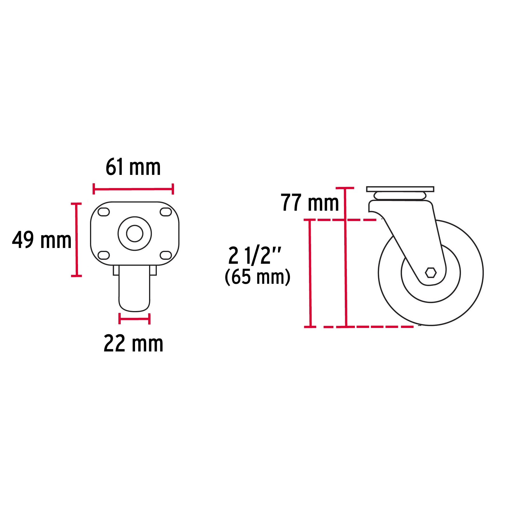 Rodaja de polietileno 2-1/2" placa giratoria con buje, Fiero