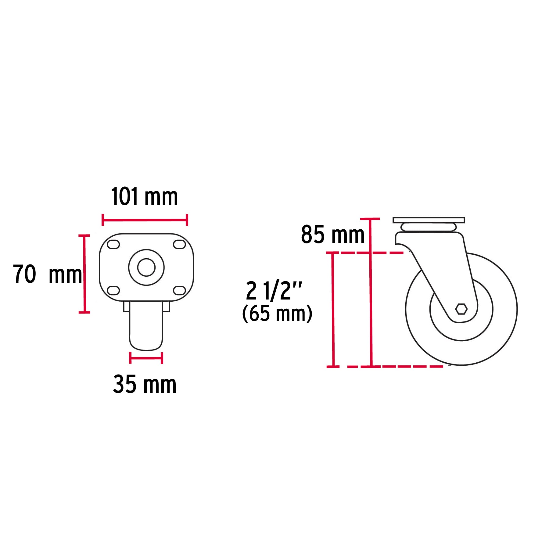 Rodaja de polietileno 2-1/2 placa giratoria con balero Fiero