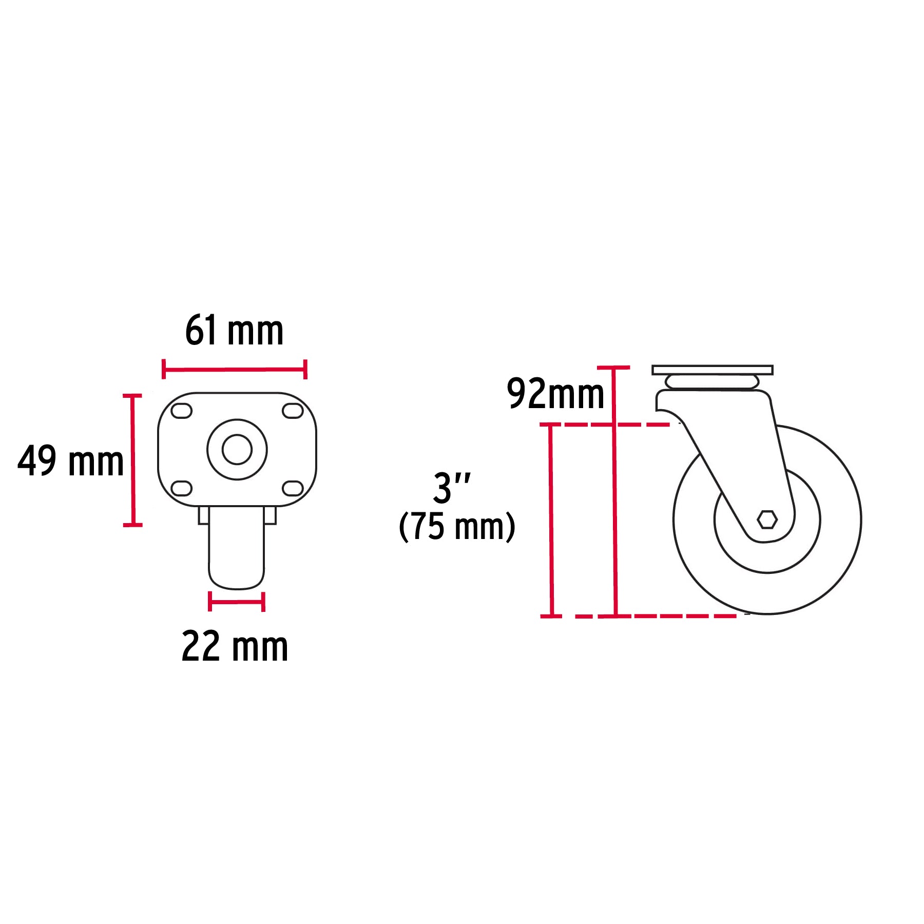 Rodaja de polietileno 3" placa giratoria, con buje, Fiero