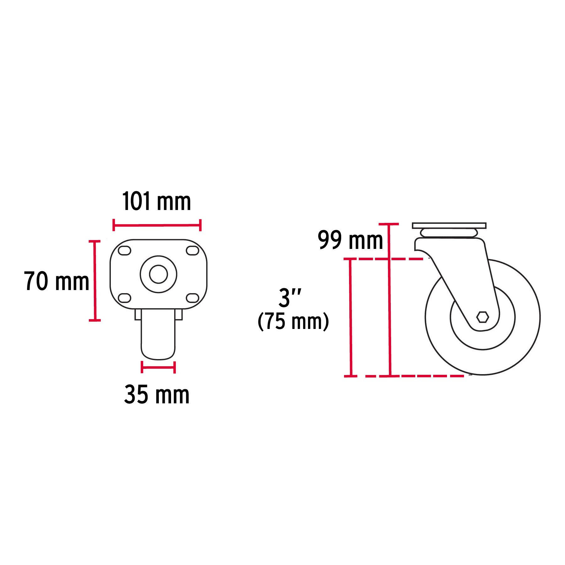 Rodaja de polietileno 3" placa giratoria, con balero, Fiero