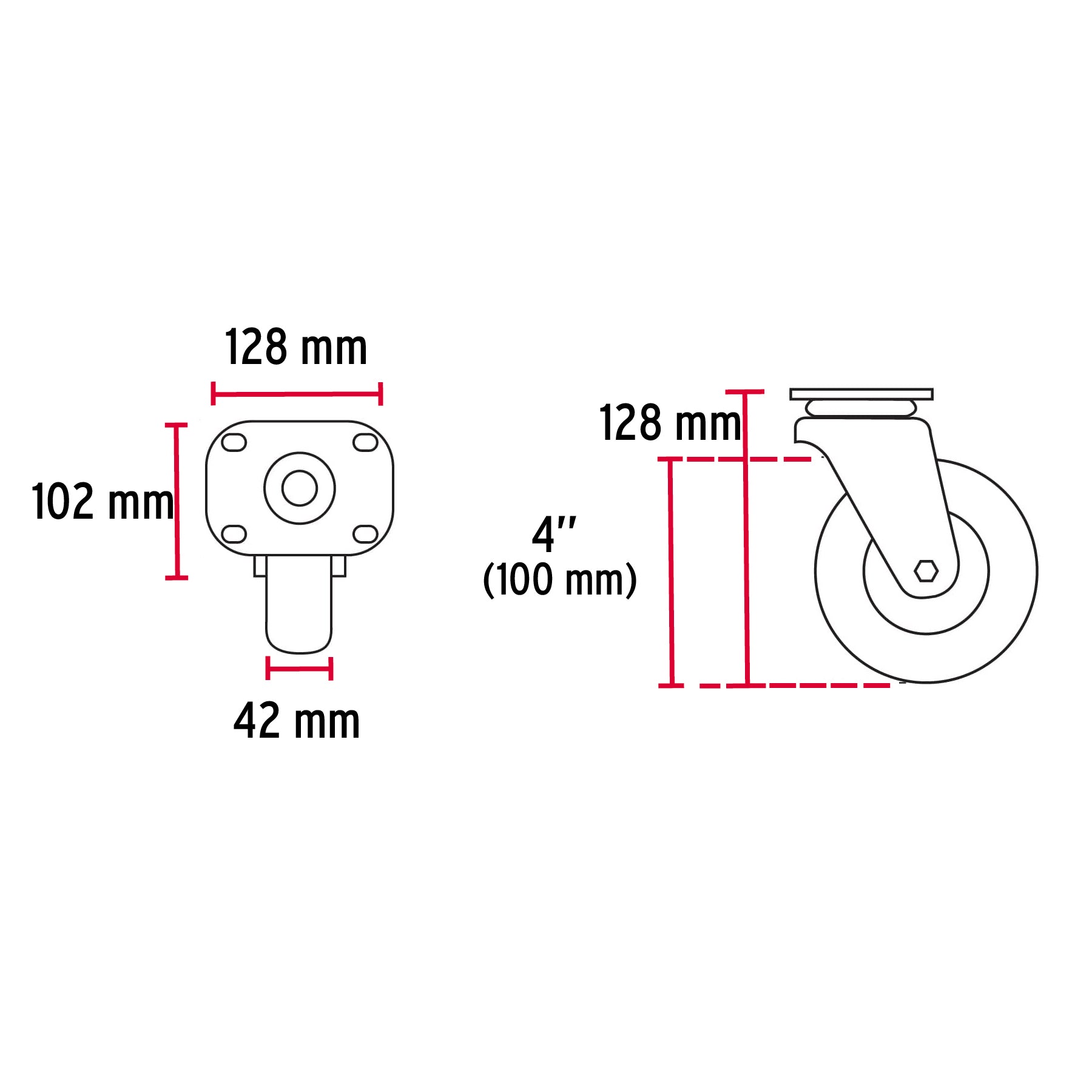 Rodaja de polietileno 4" placa giratoria, con balero, Fiero