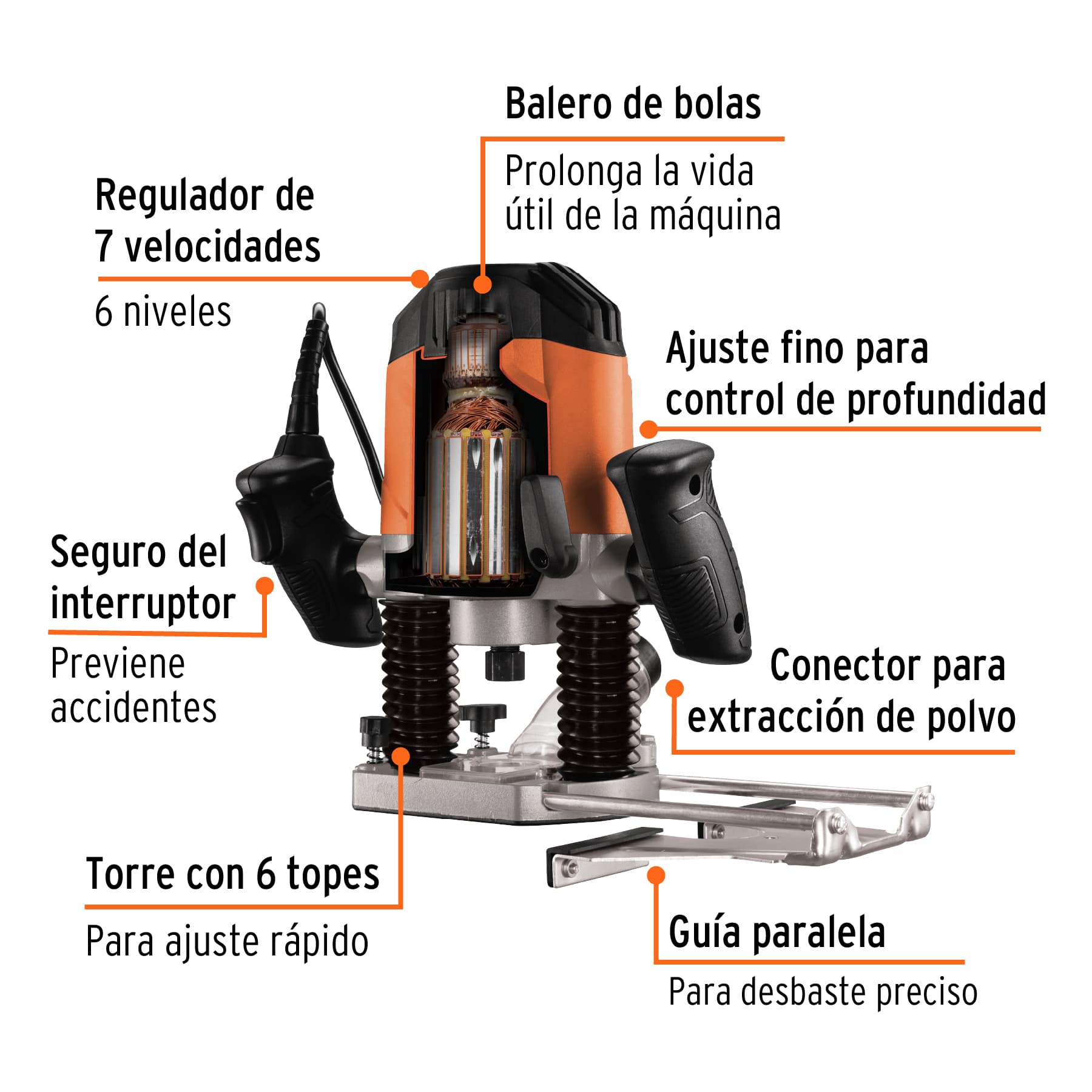 Router 1,200W, 1-3/4 HP, Truper PRO