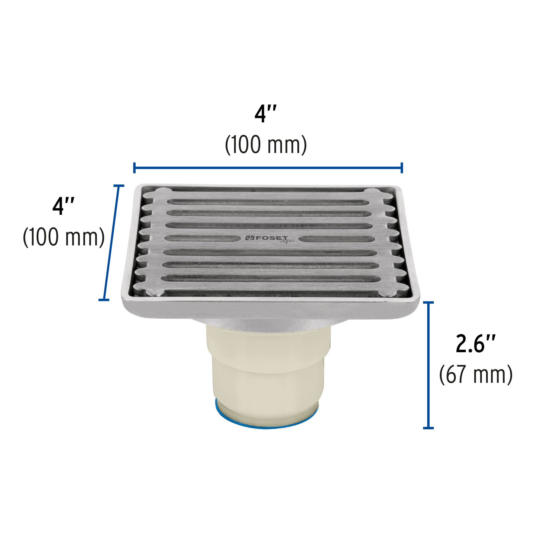 Resumidero cuadrado de acero inoxidable 4" x 4", Foset