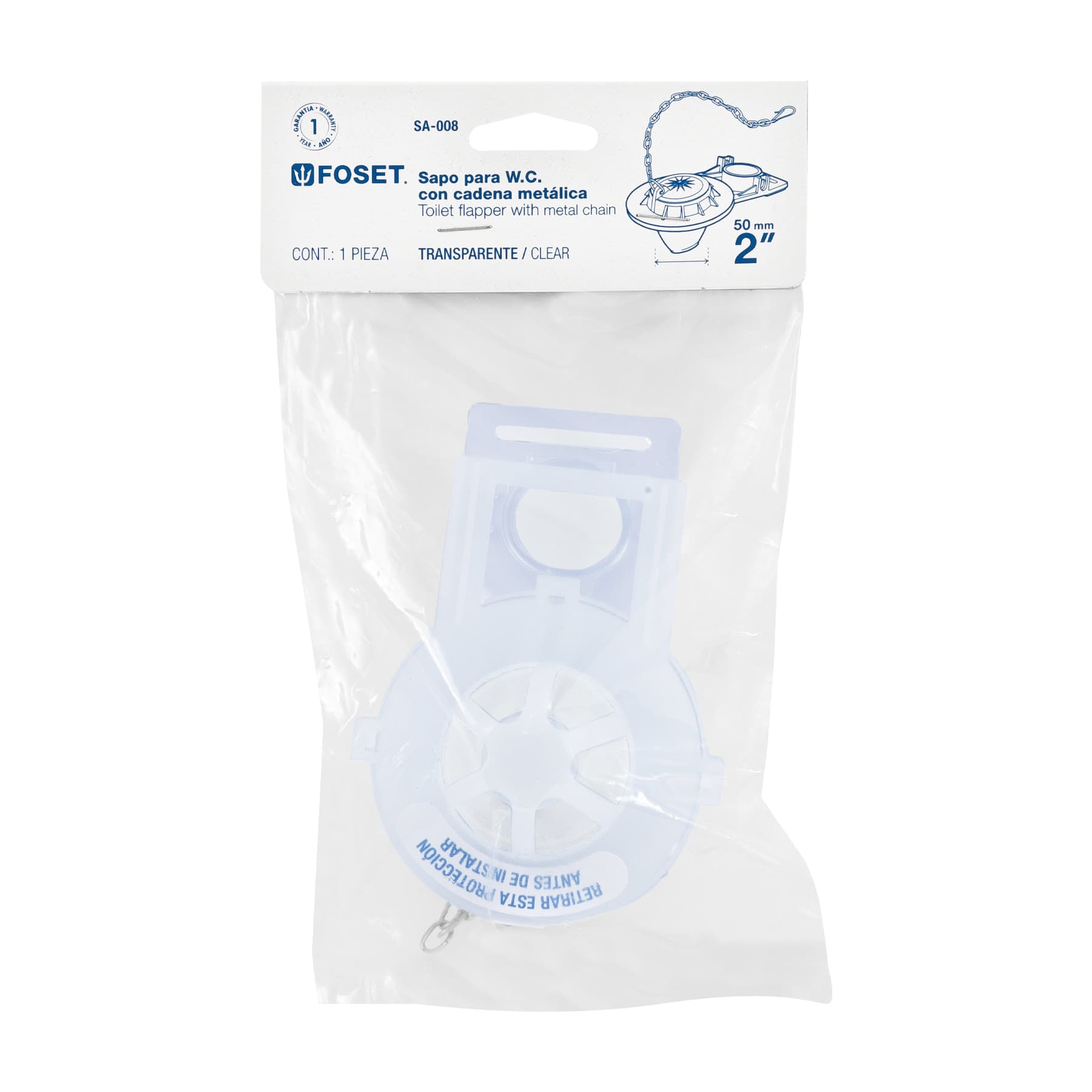 Sapo 2" para WC, PVC, trasparente, cadena inoxidable Foset