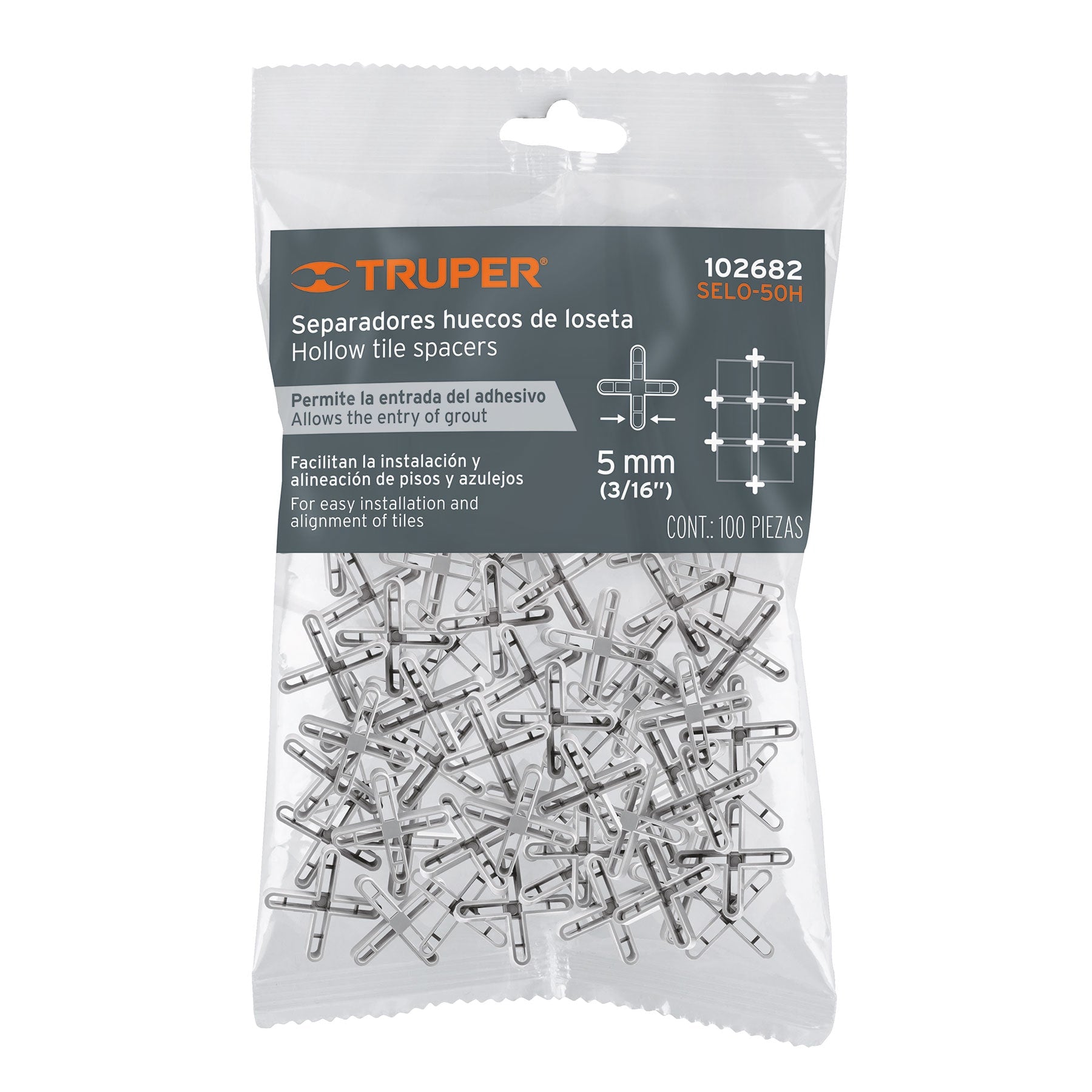 Bolsa con 100 separadores huecos de 5mm para losetas, Truper