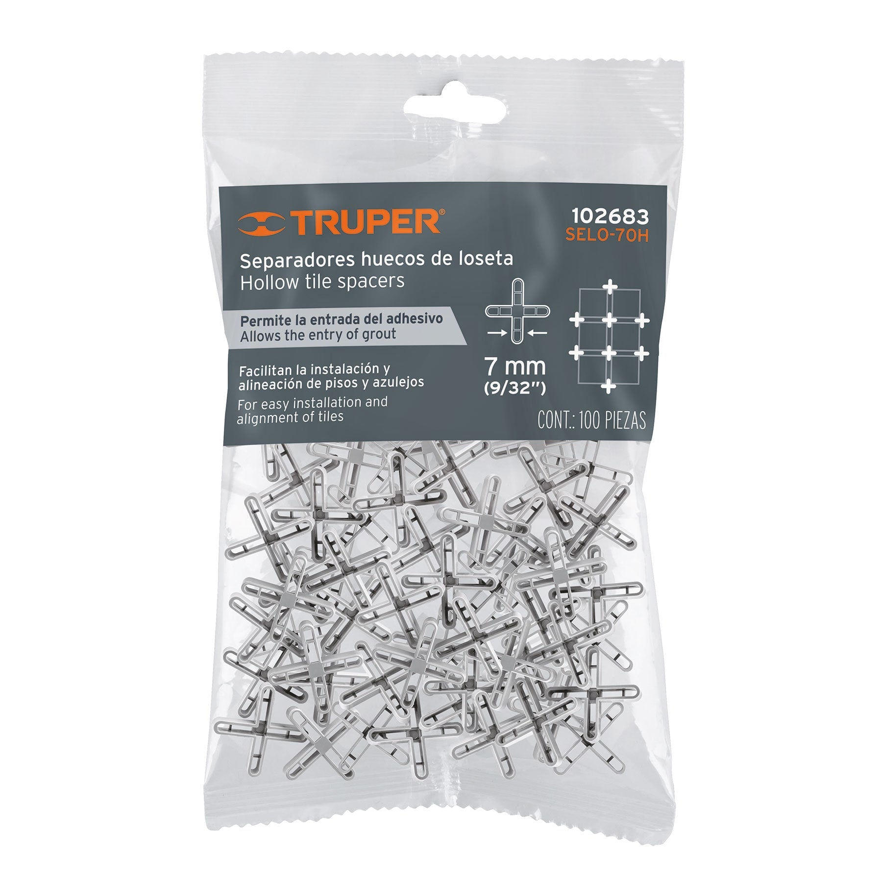 Bolsa con 100 separadores huecos de 7mm para losetas, Truper