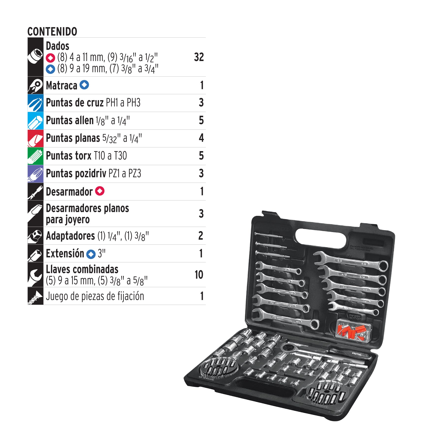 Juego de 71 herramientas 1/4" y 3/8" para mecánico, Pretul