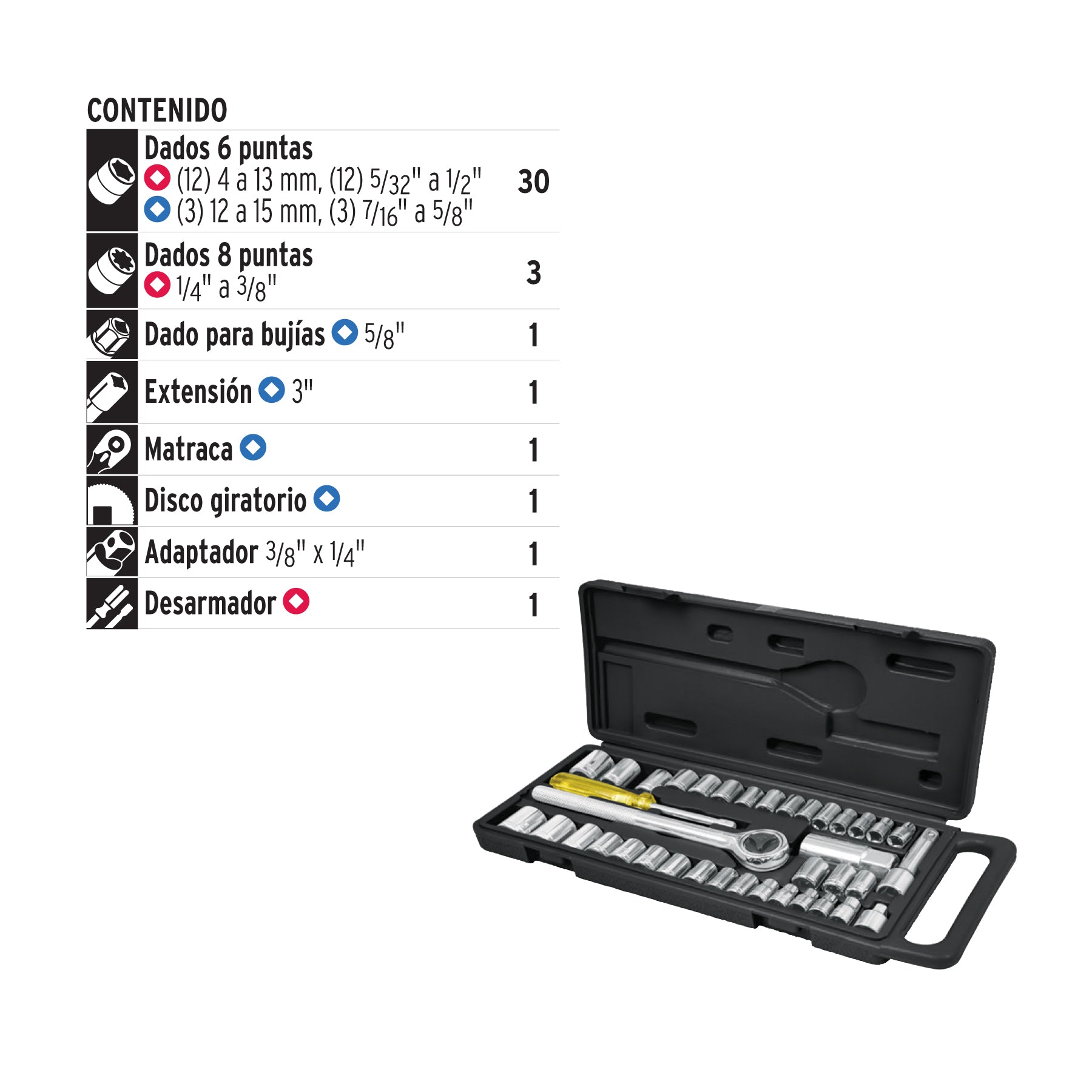 Juego de 39 herramientas 1/4" y 3/8" para mecánico, Pretul