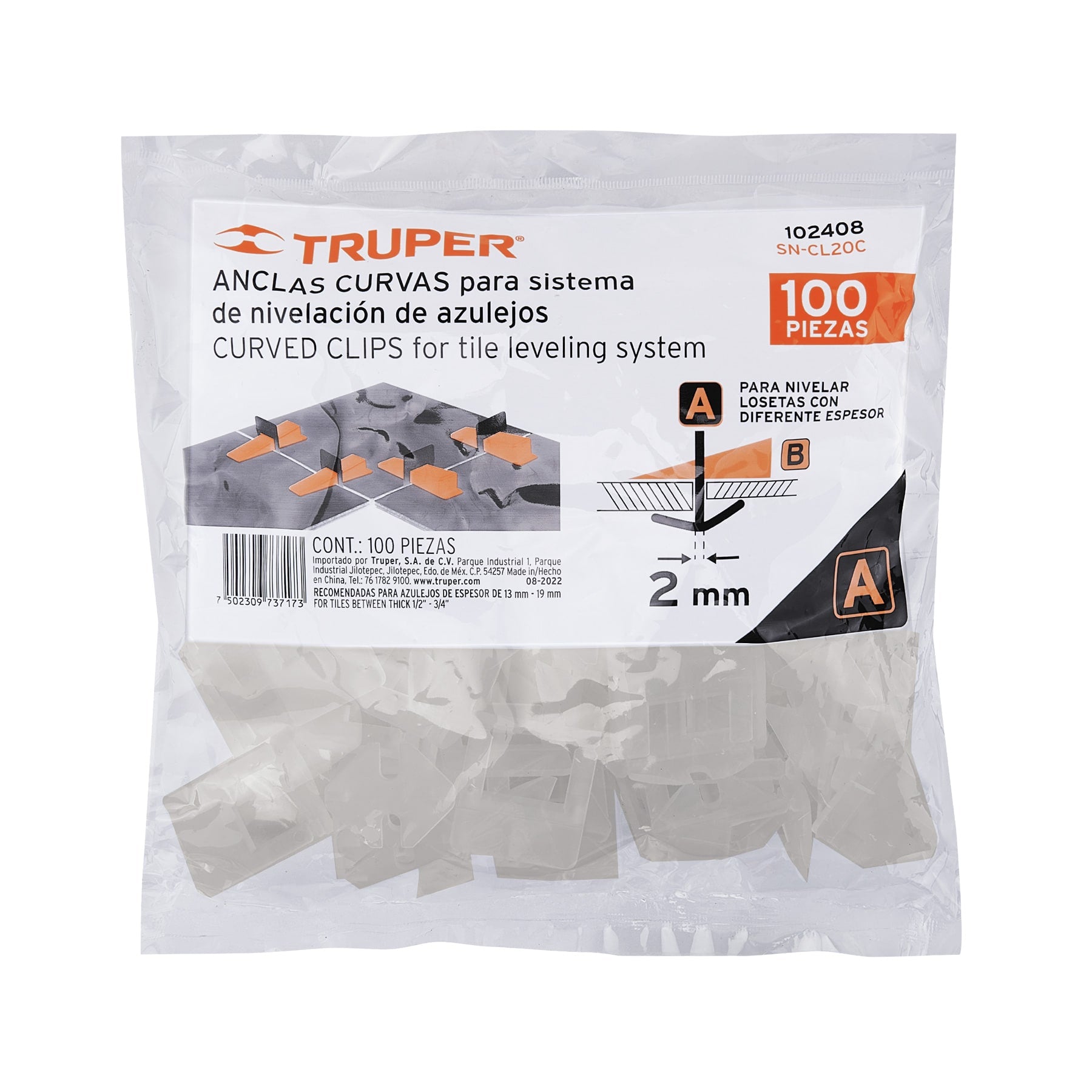 Bolsa con 100 anclas curvas de 2mm para nivelación de azulejos