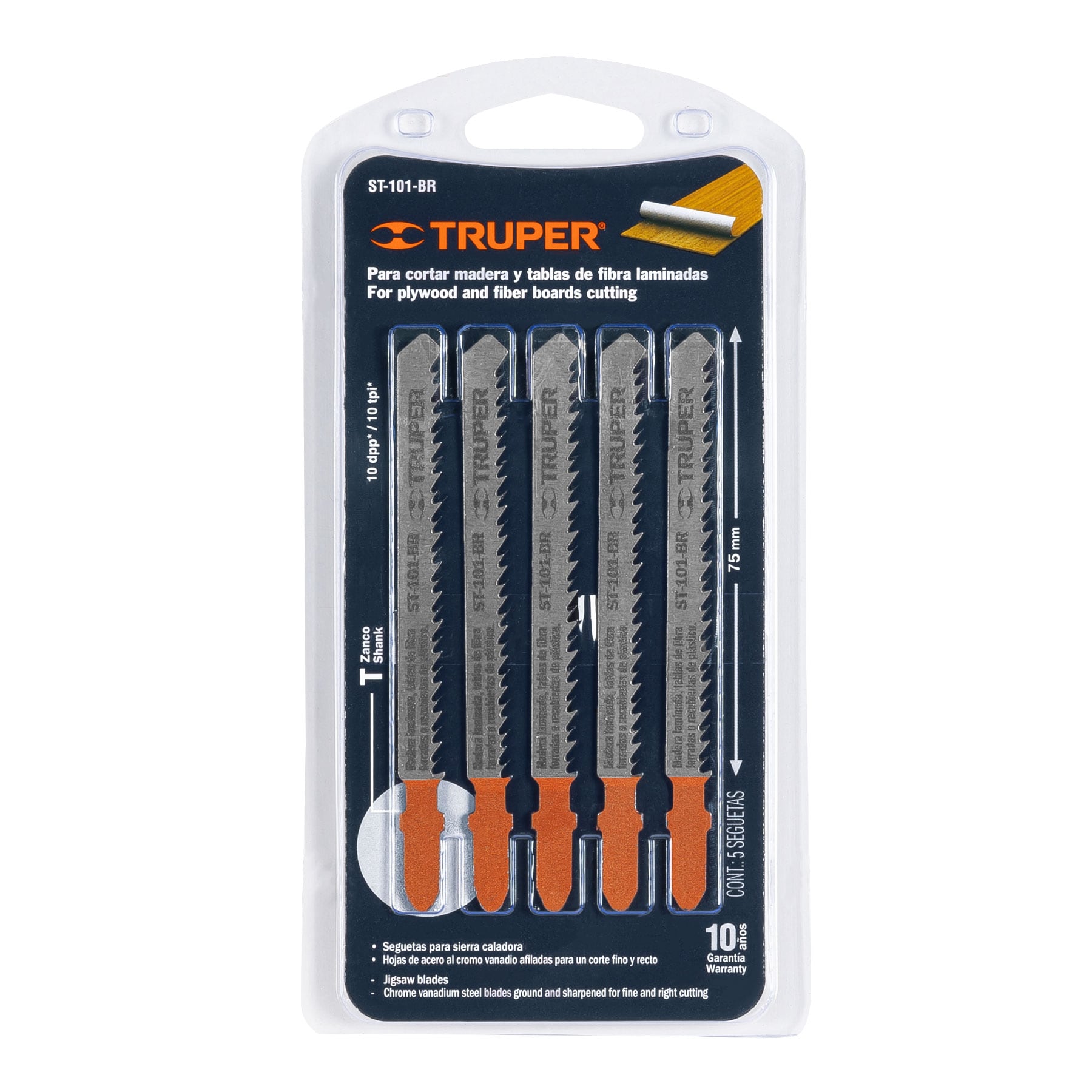 Blíster con 5 seguetas 10 DPP zanco "T" corte recto triplay