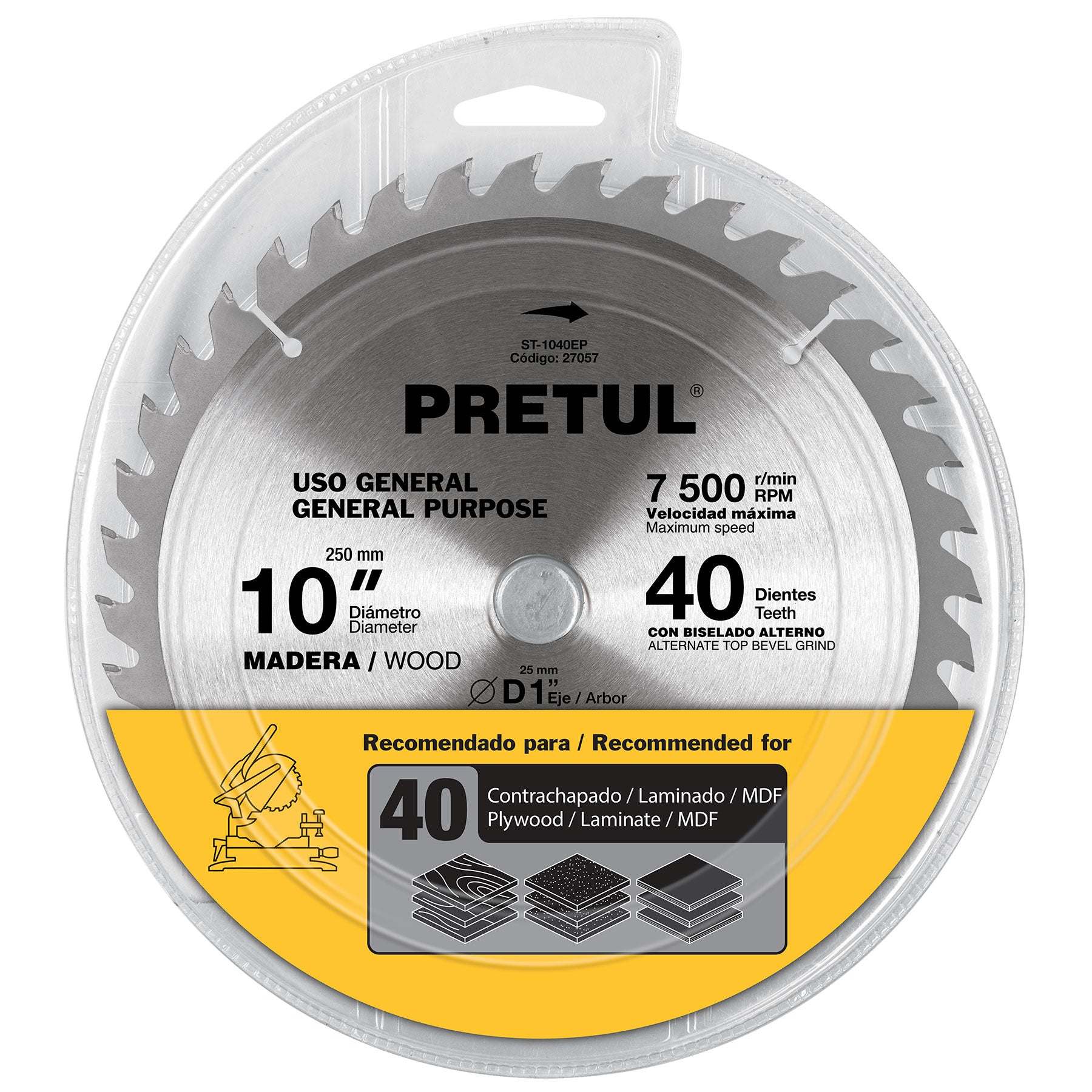 Disco sierra 10" para madera, 40 dientes centro 1", Pretul