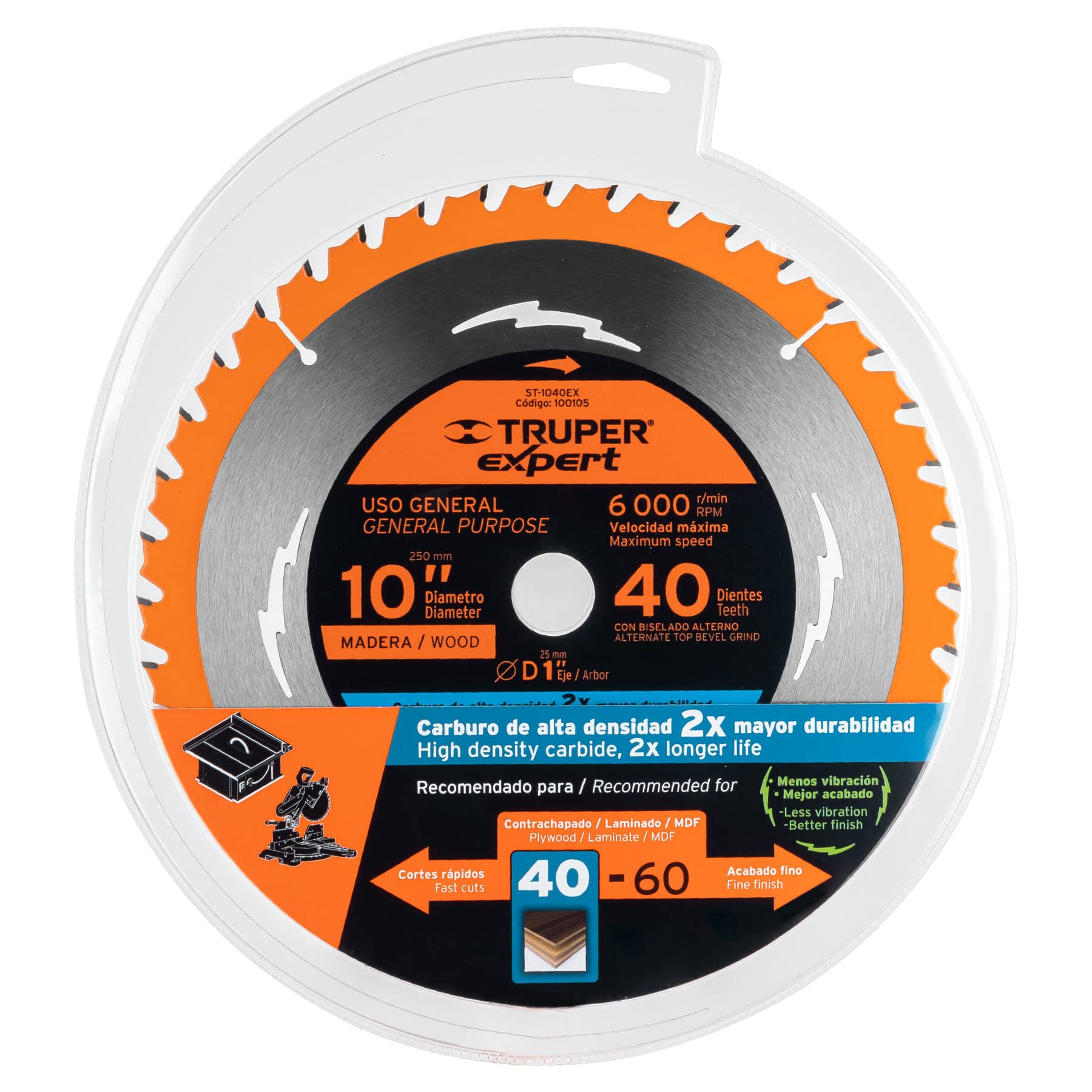 Disco sierra 10" para madera, 40 dientes centro 1", Expert