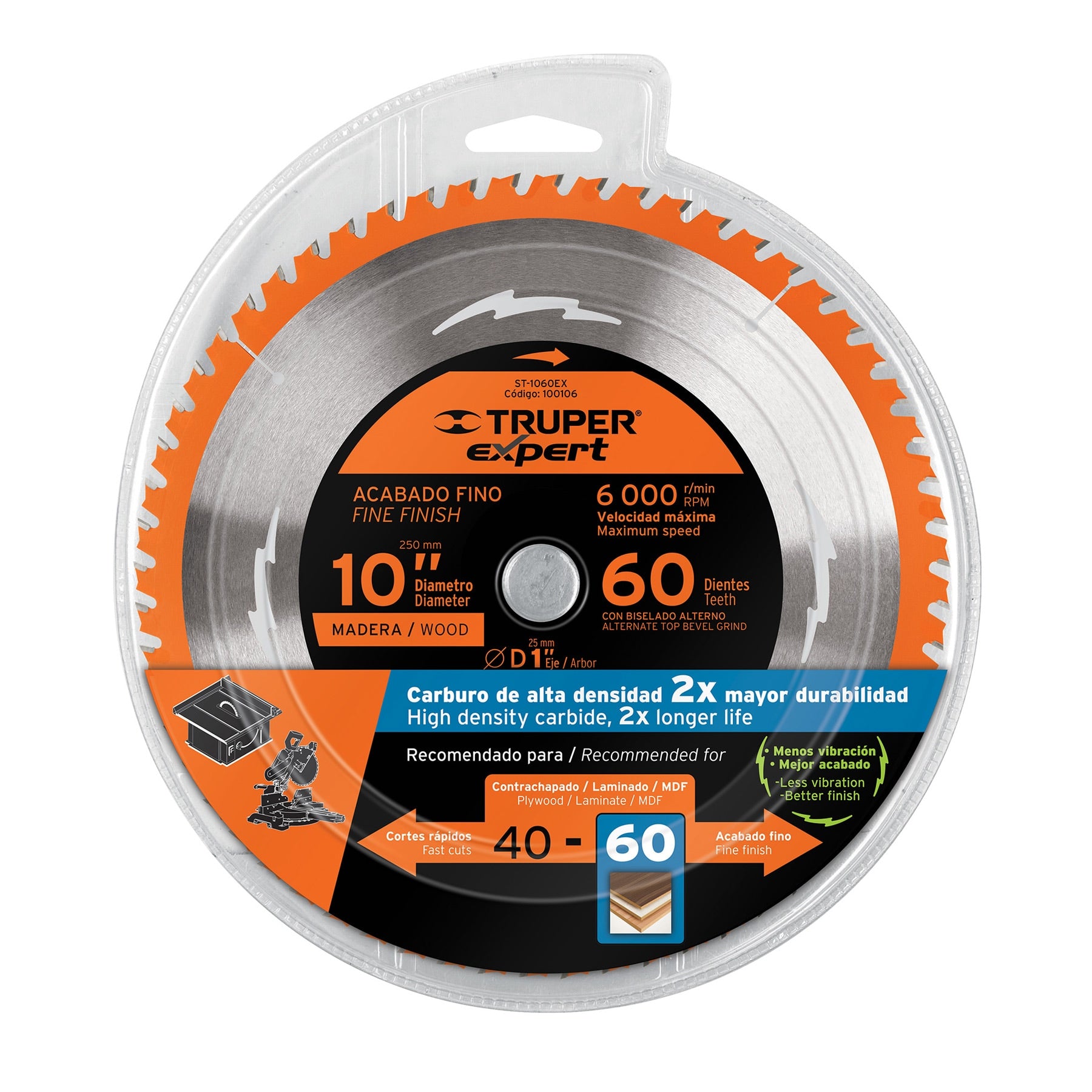 Disco sierra 10" para madera, 60 dientes centro 1", Expert