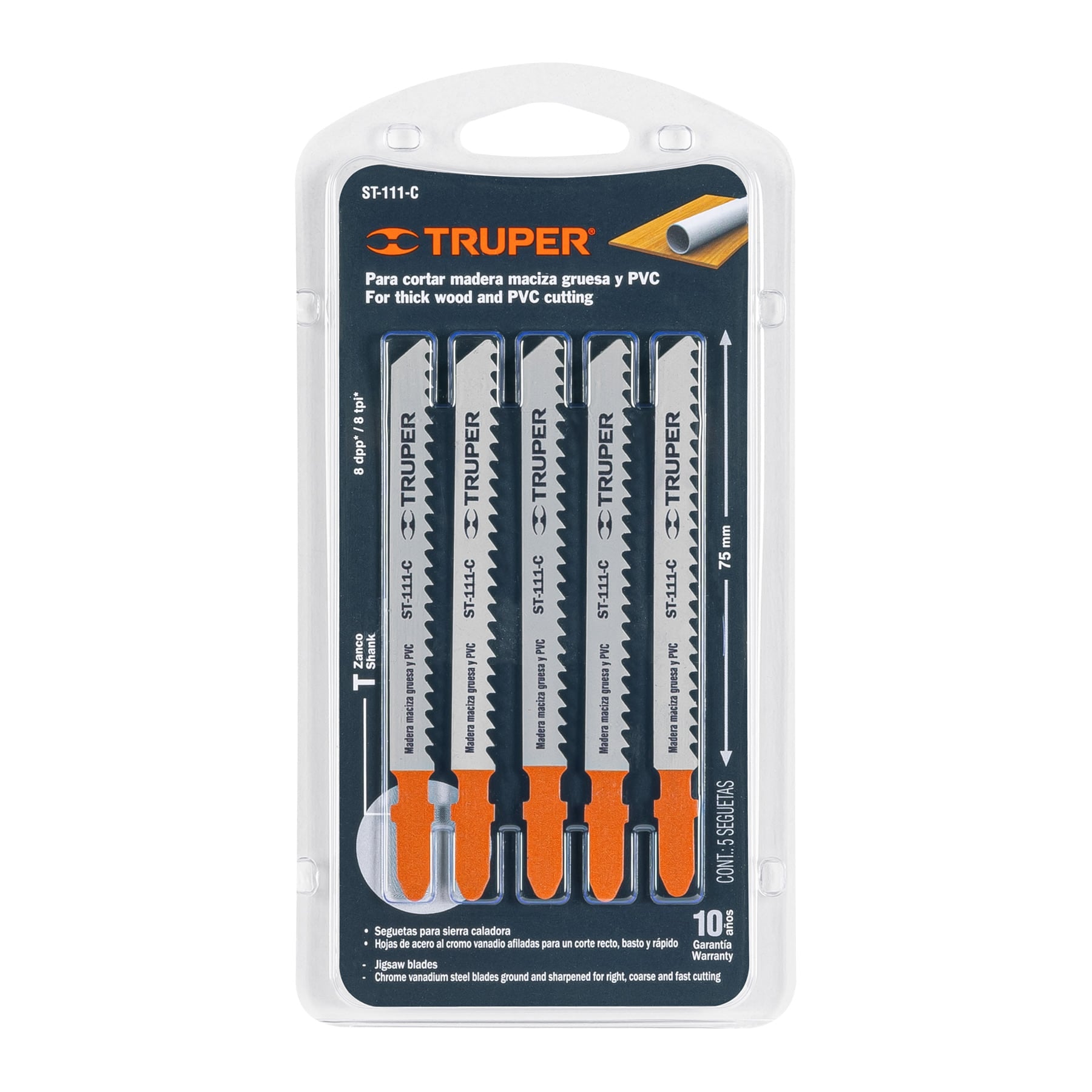 Blíster con 5 seguetas 8 DPP zanco "T" corte recto madera