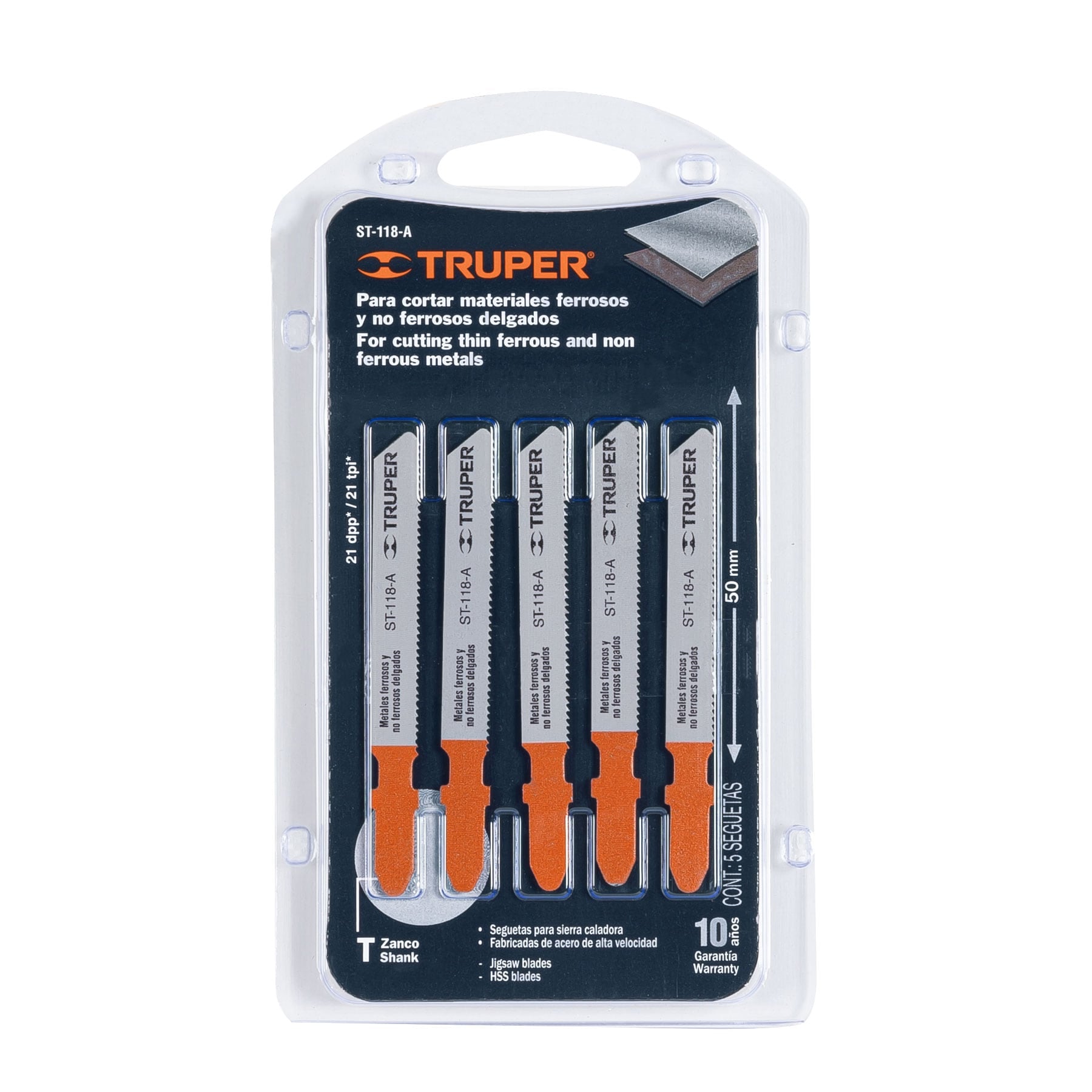 Blíster con 5 seguetas 21 DPP zanco "T" corte recto metal