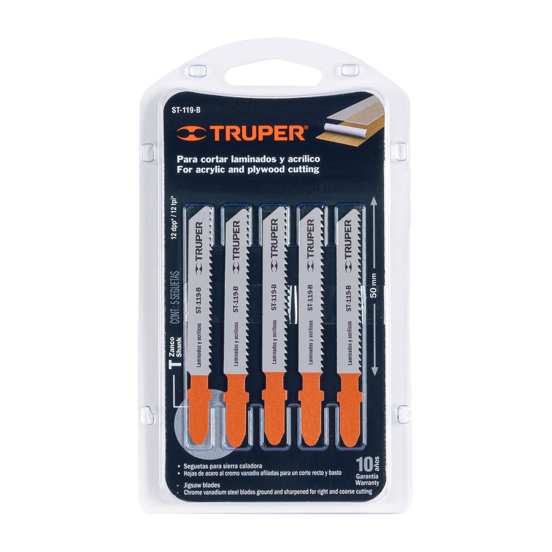 Blíster con 5 seguetas 12 DPP zanco "T" corte recto triplay