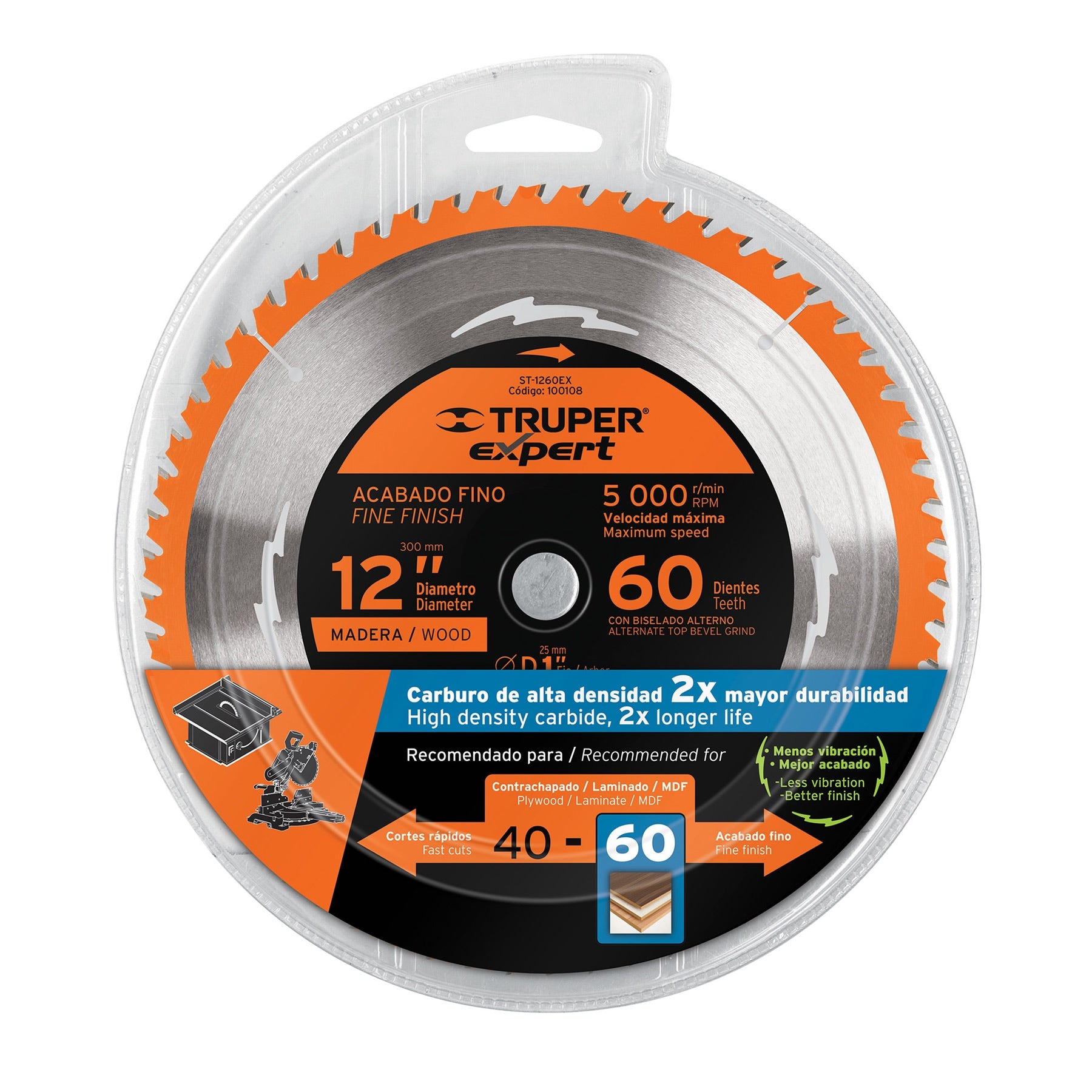 Disco sierra 12" para madera, 60 dientes centro 1", Expert