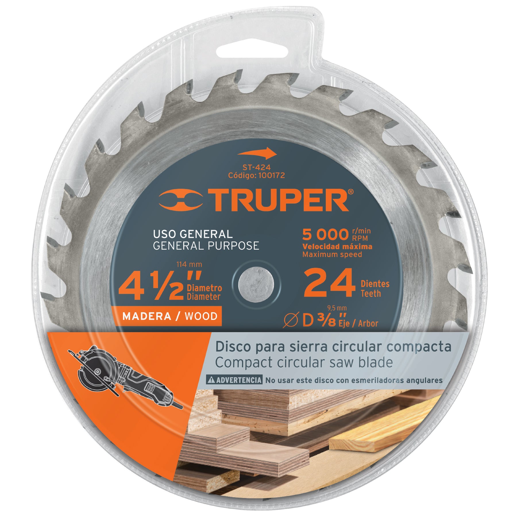 Disco sierra 4-1/2" para madera, 24 dientes centro 3/8"
