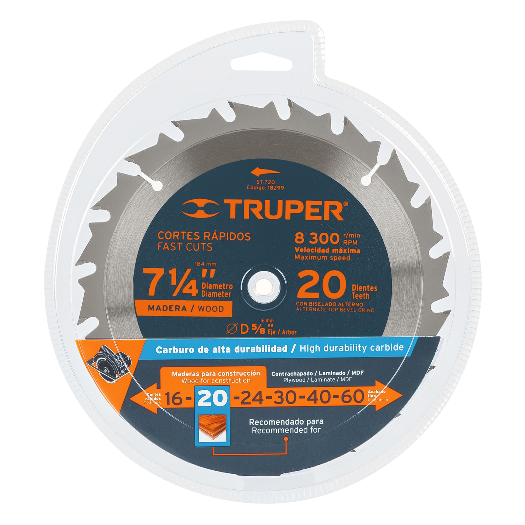 Disco sierra 7- 1/4" para madera, 20 dientes centro 5/8"