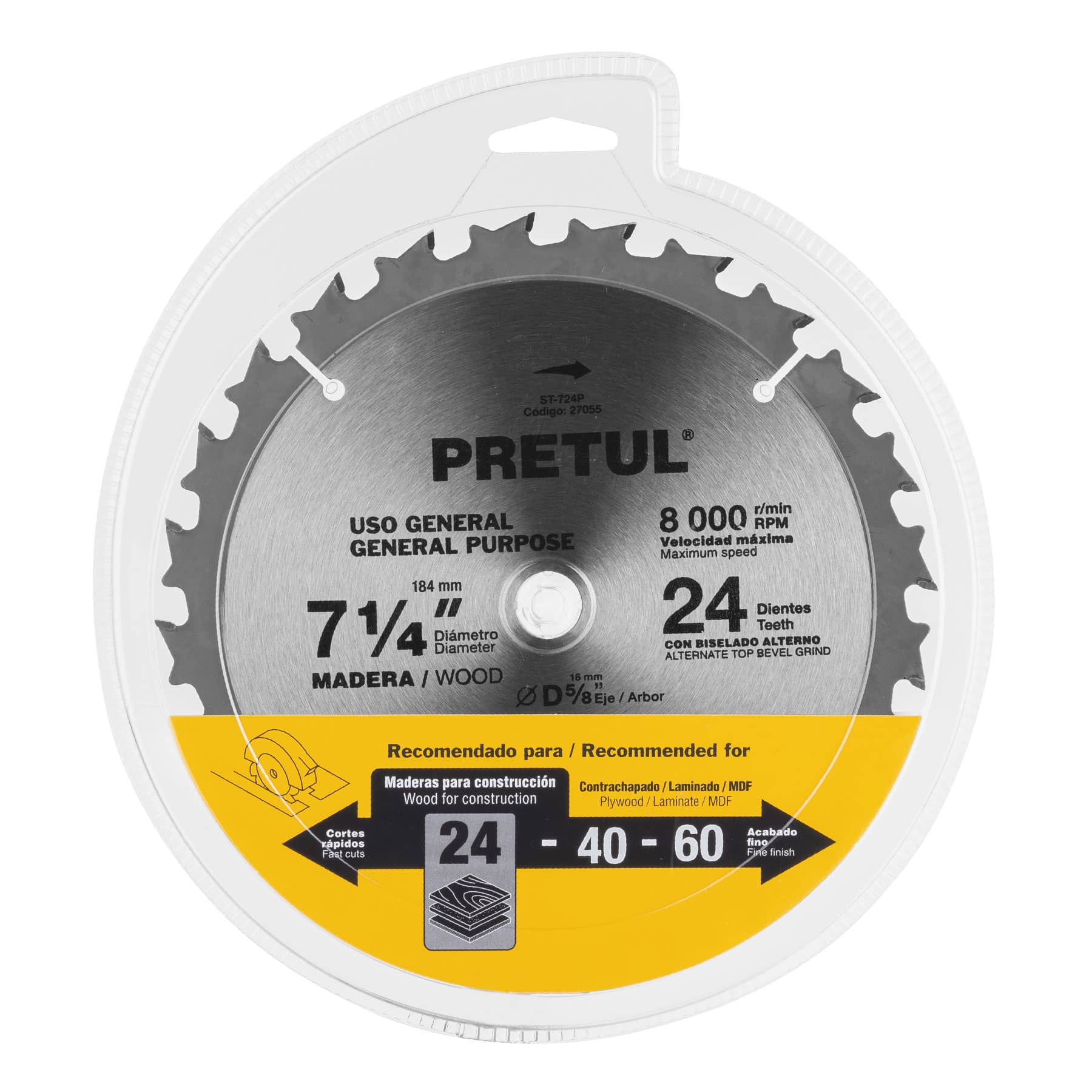 Disco sierra 7-1/4" para madera, 24 dientes centro 5/8", Pretul