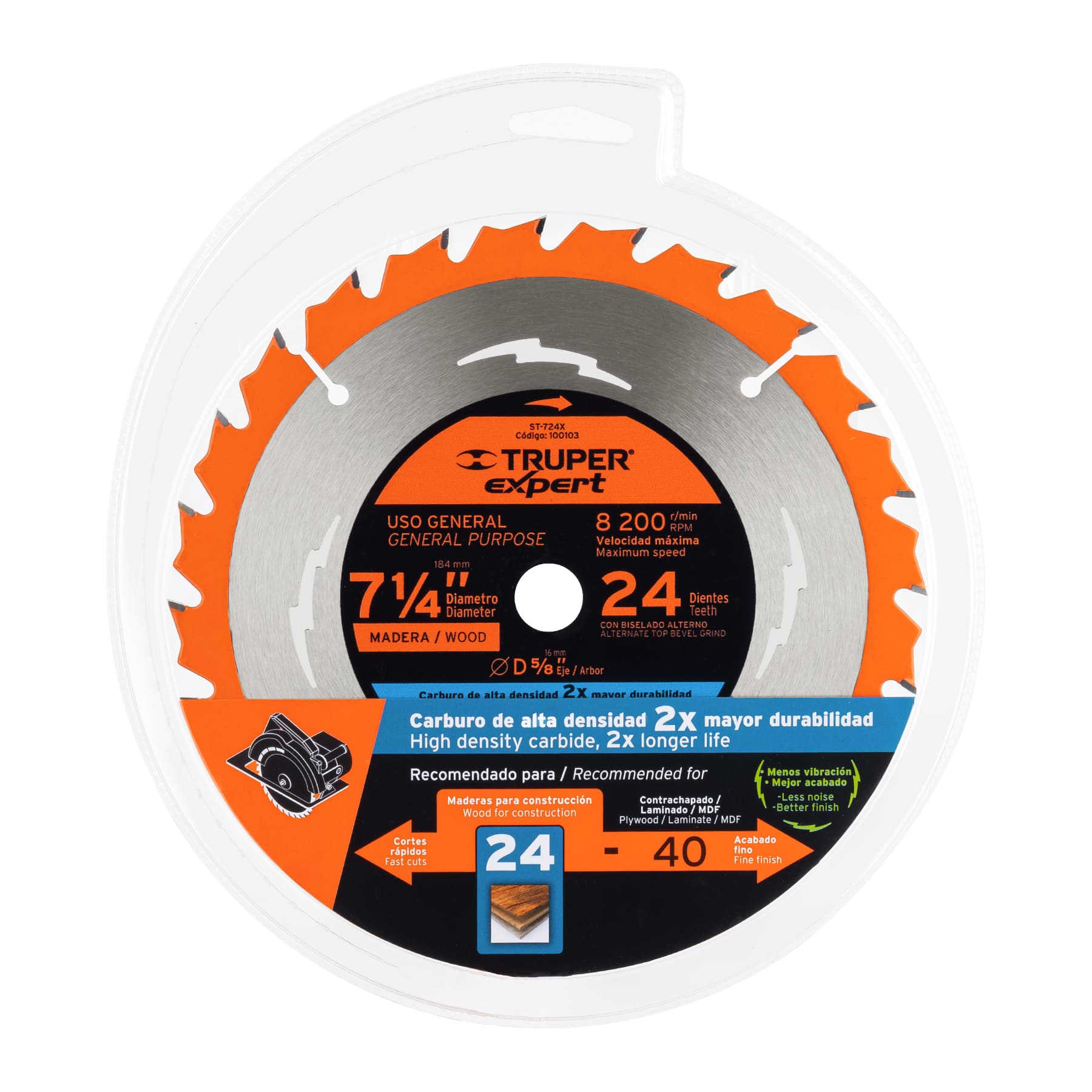 Disco sierra 7-1/4" para madera, 24 dientes centro 5/8", Expert