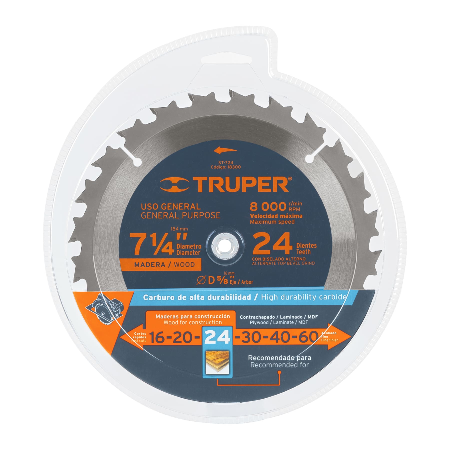 Disco sierra 7- 1/4" para madera, 24 dientes centro 5/8"