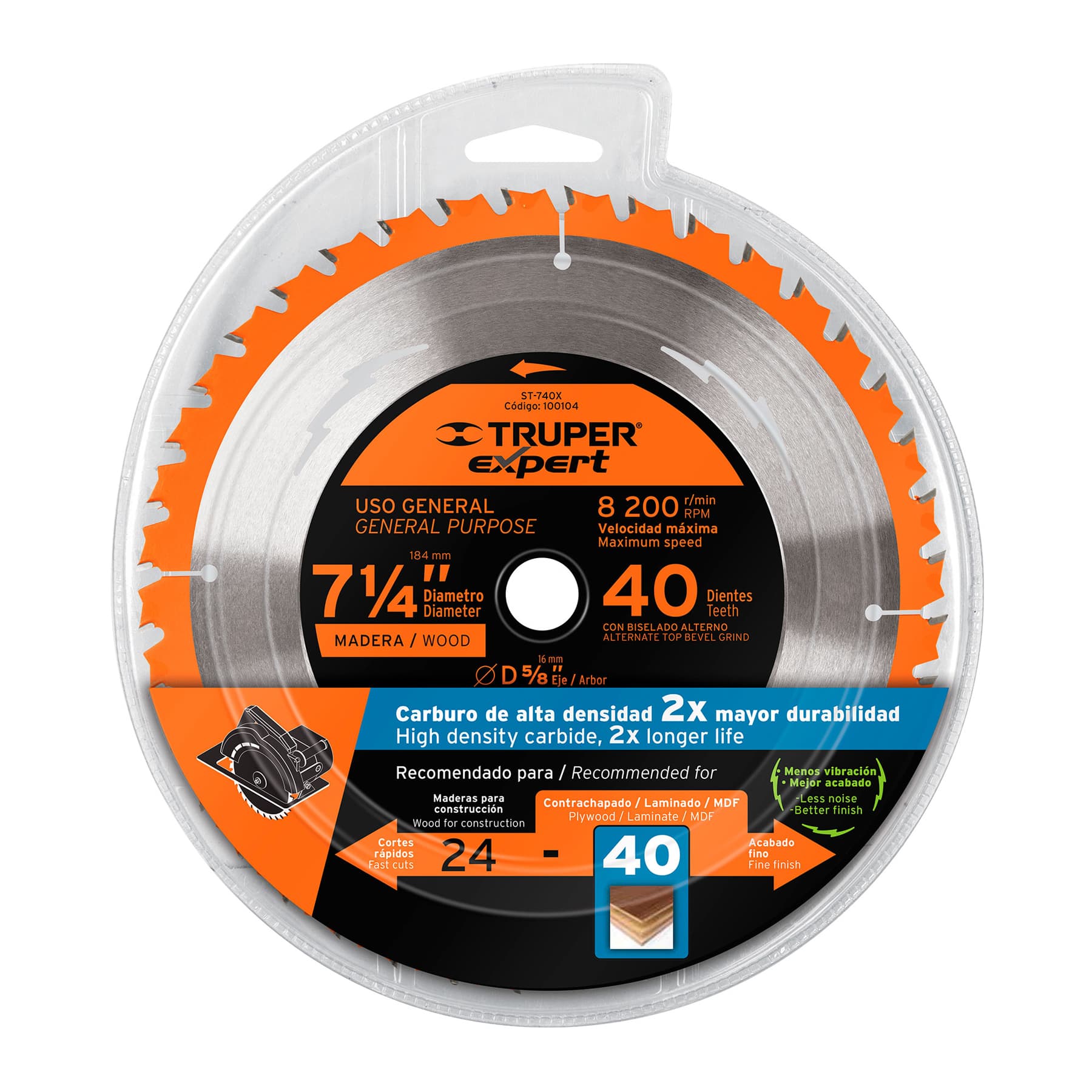 Disco sierra 7-1/4" para madera, 40 dientes centro 5/8", Expert