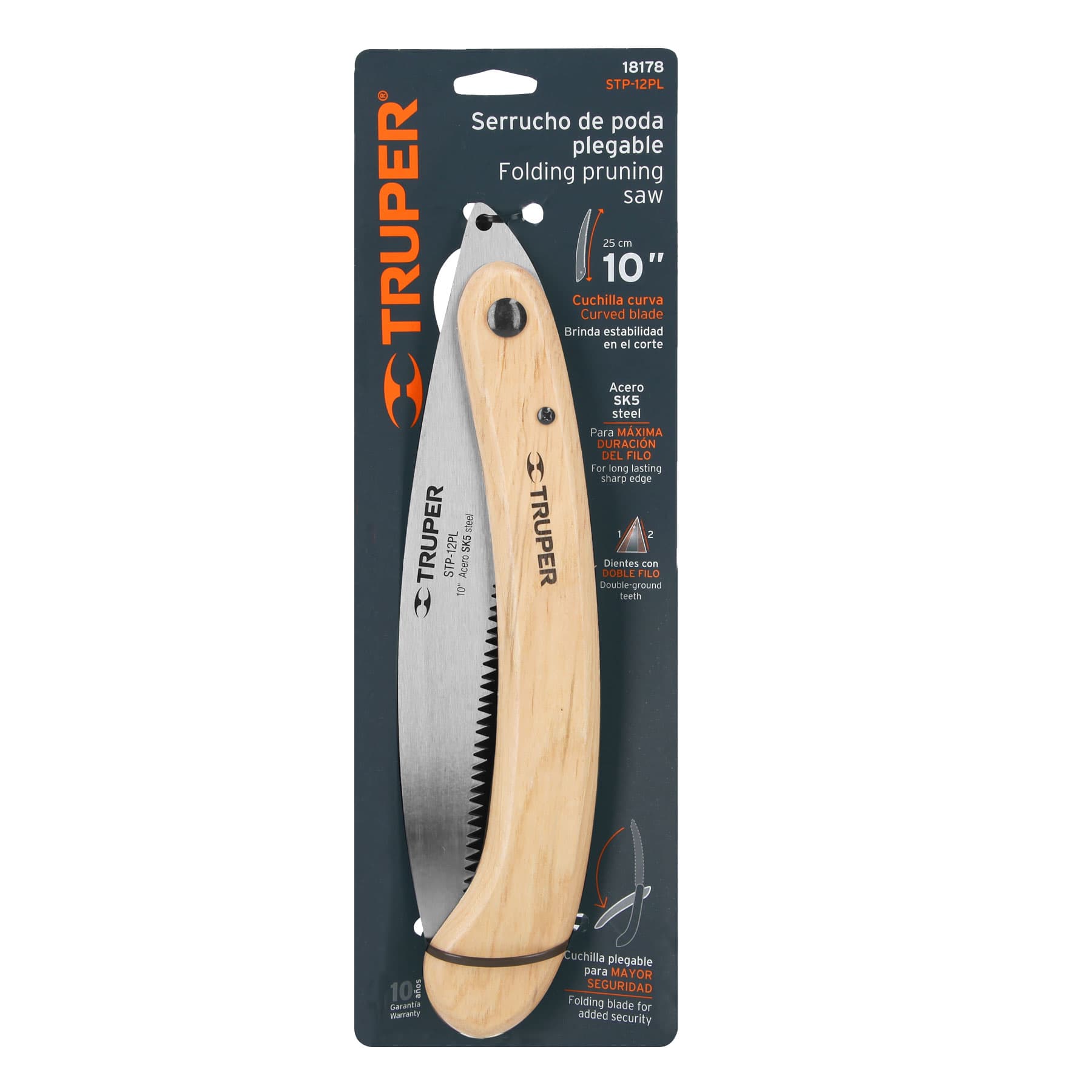 Serrucho plegable 10" hoja curva 6 DPP, mango madera, Truper