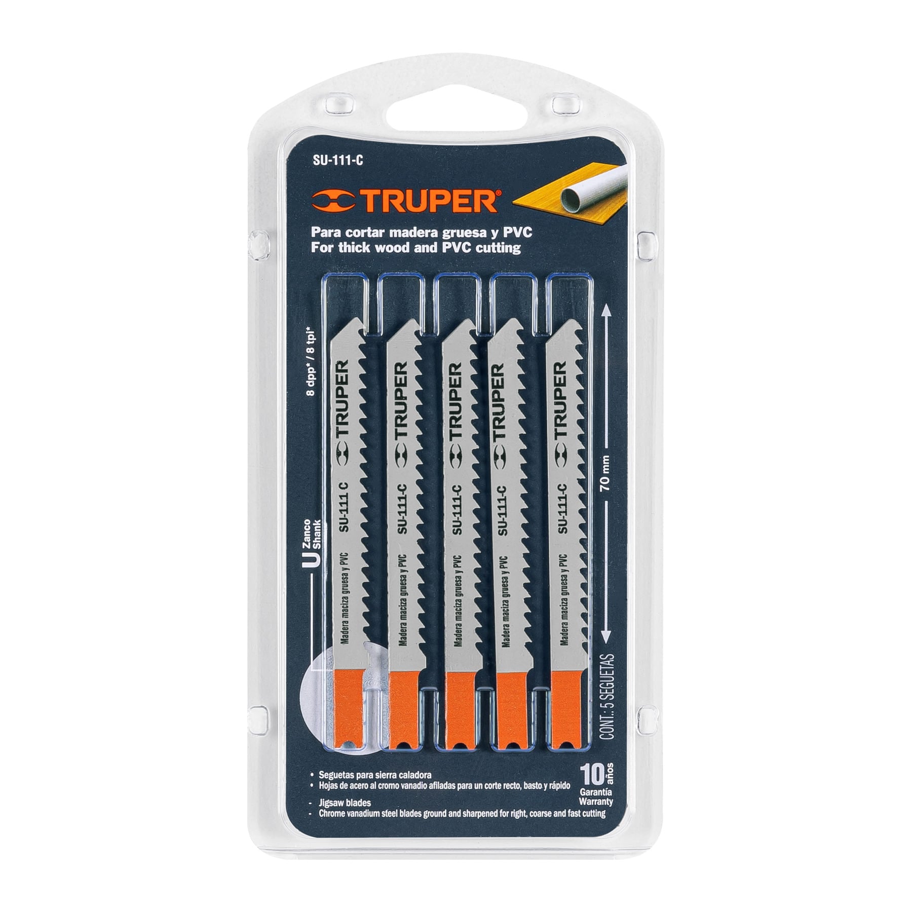 Blíster con 5 seguetas 8 DPP zanco "U" corte recto madera