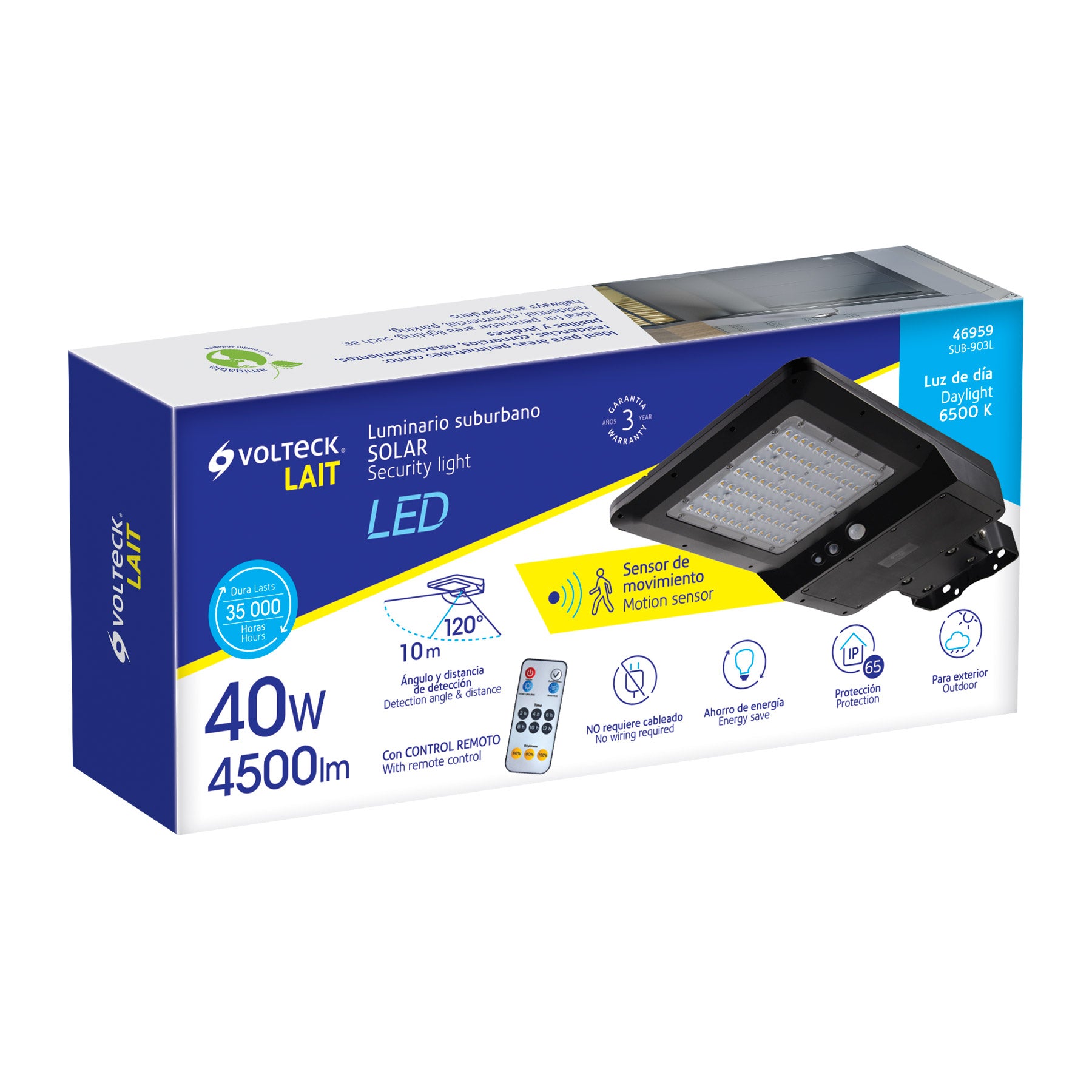 Luminario suburbano LED 40 W con panel solar y control remoto