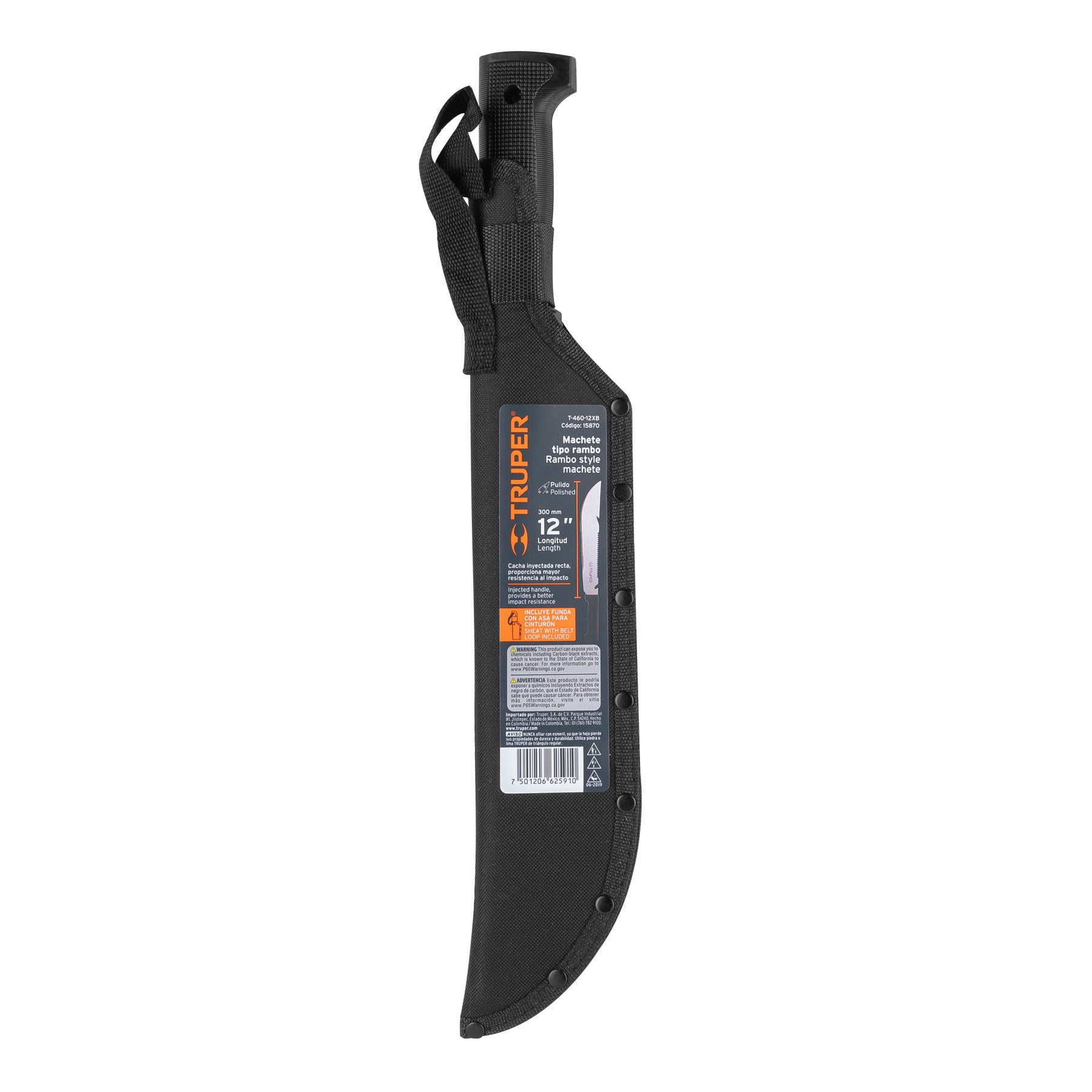 Machete rambo 12", cacha inyectada negra, con funda, Truper
