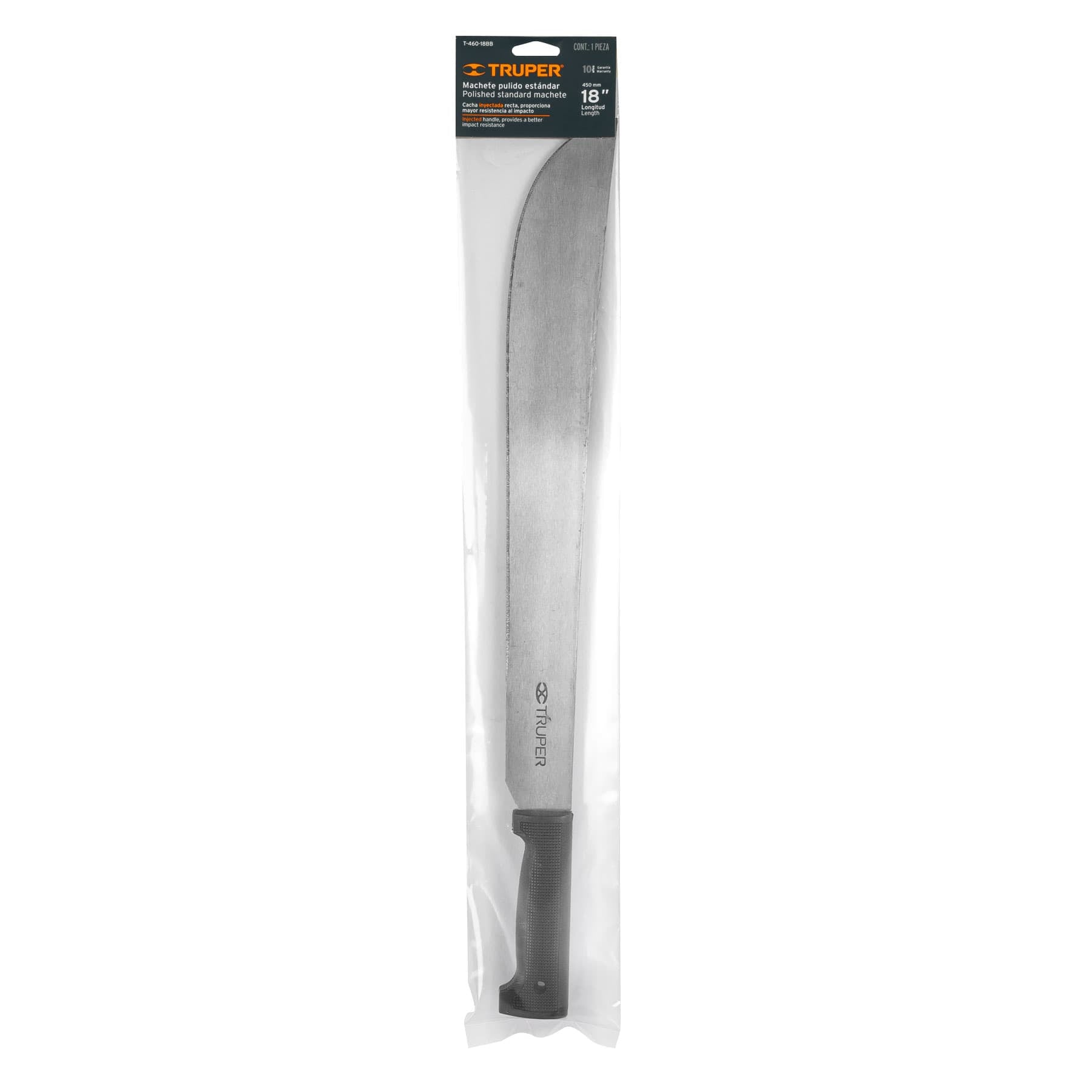 Machete estándar 18" cacha negra inyectada, en bolsa, Truper