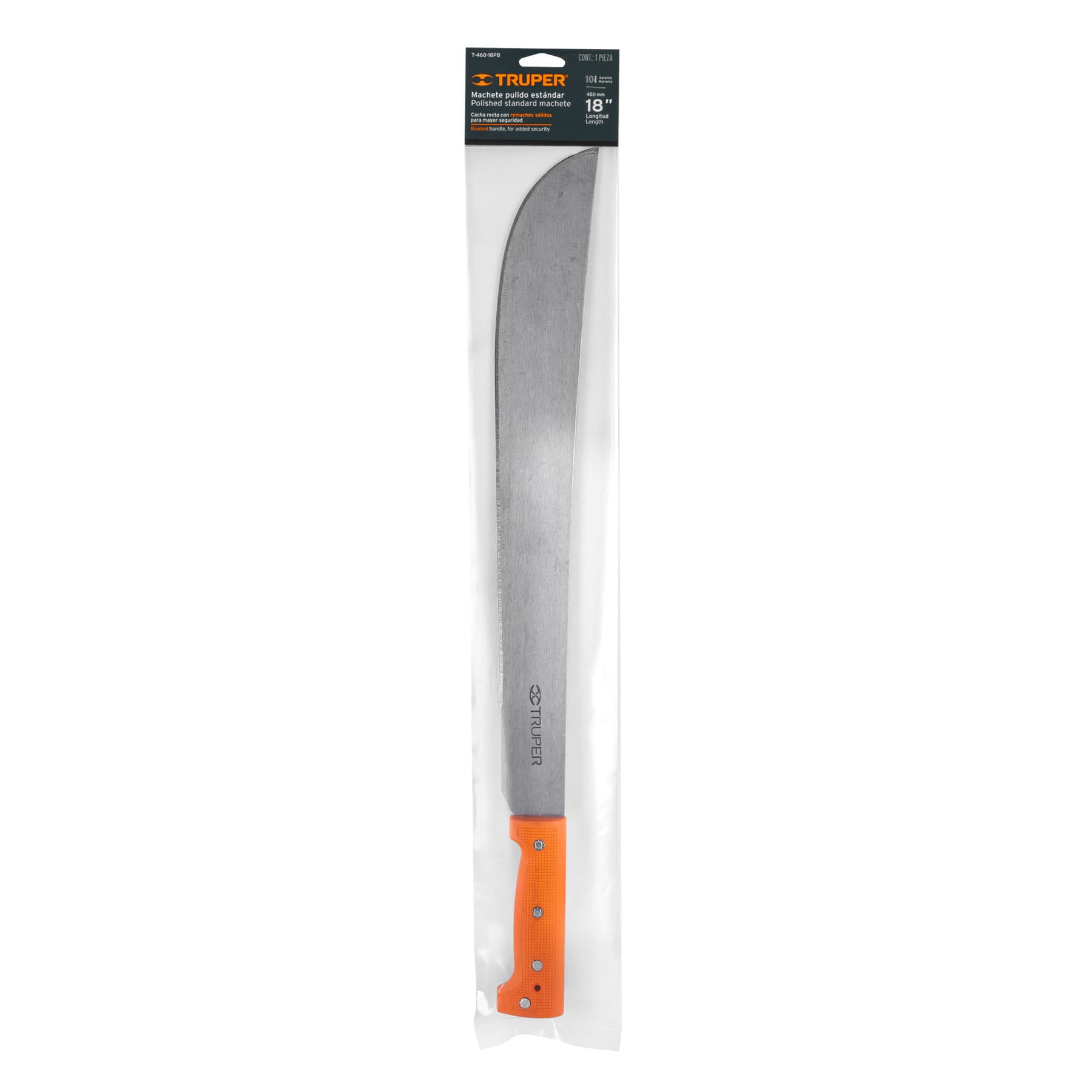 Machete estándar 18" cacha naranja remachada, en bolsa