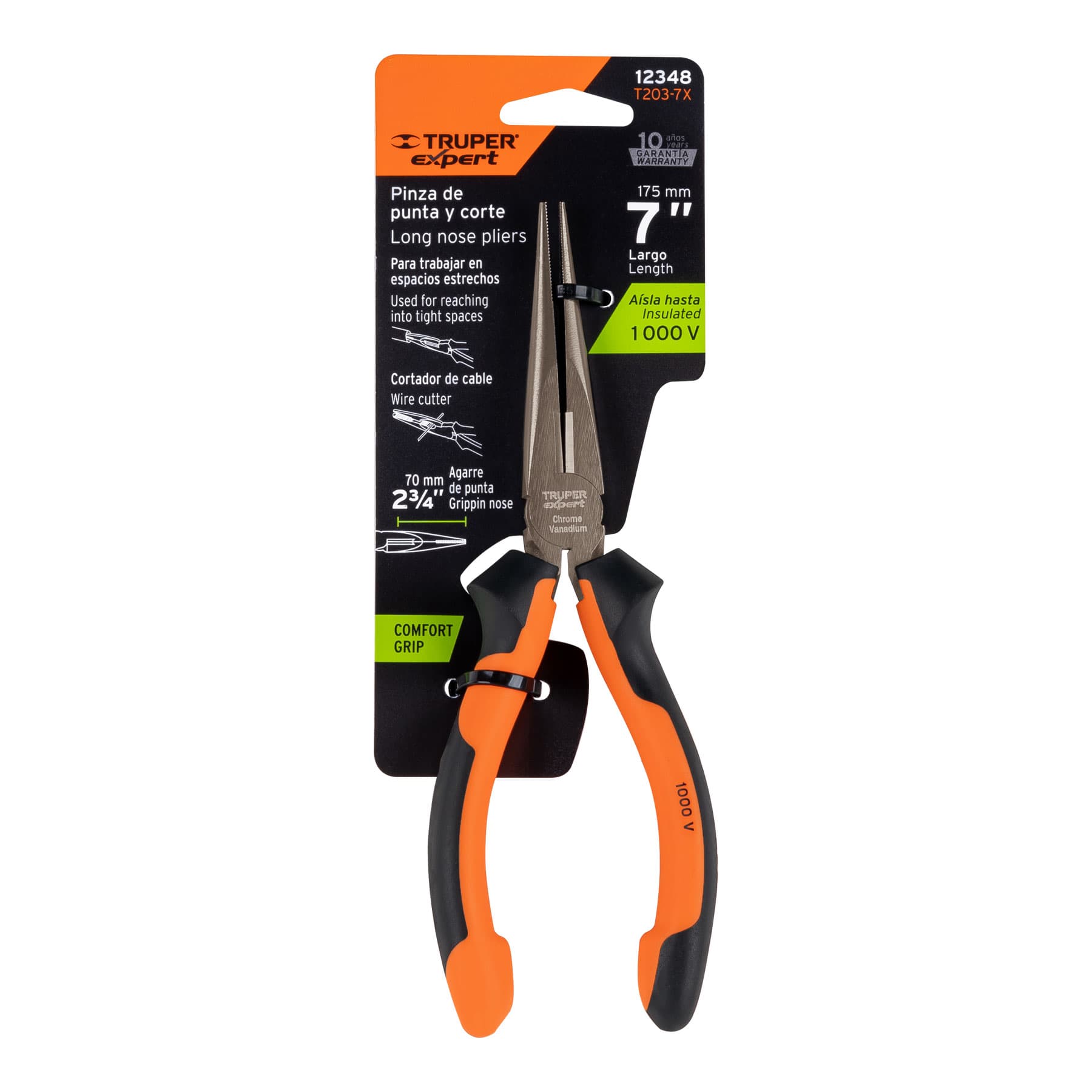 Pinza punta y corte 7" mango Comfort Grip, Truper Expert