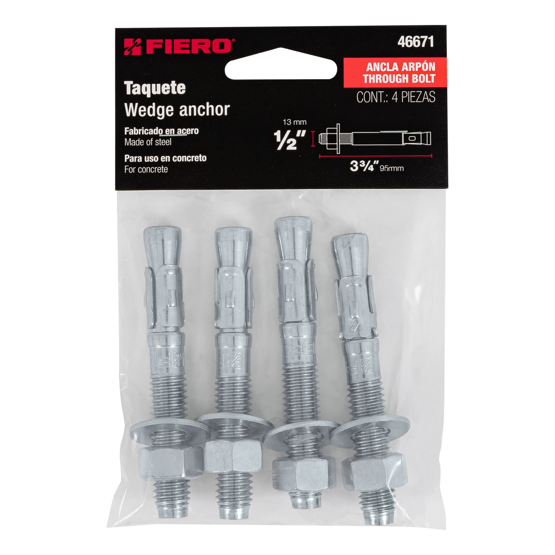 Bolsa con 4 taquetes arpón 1/2" x 3-3/4", Fiero