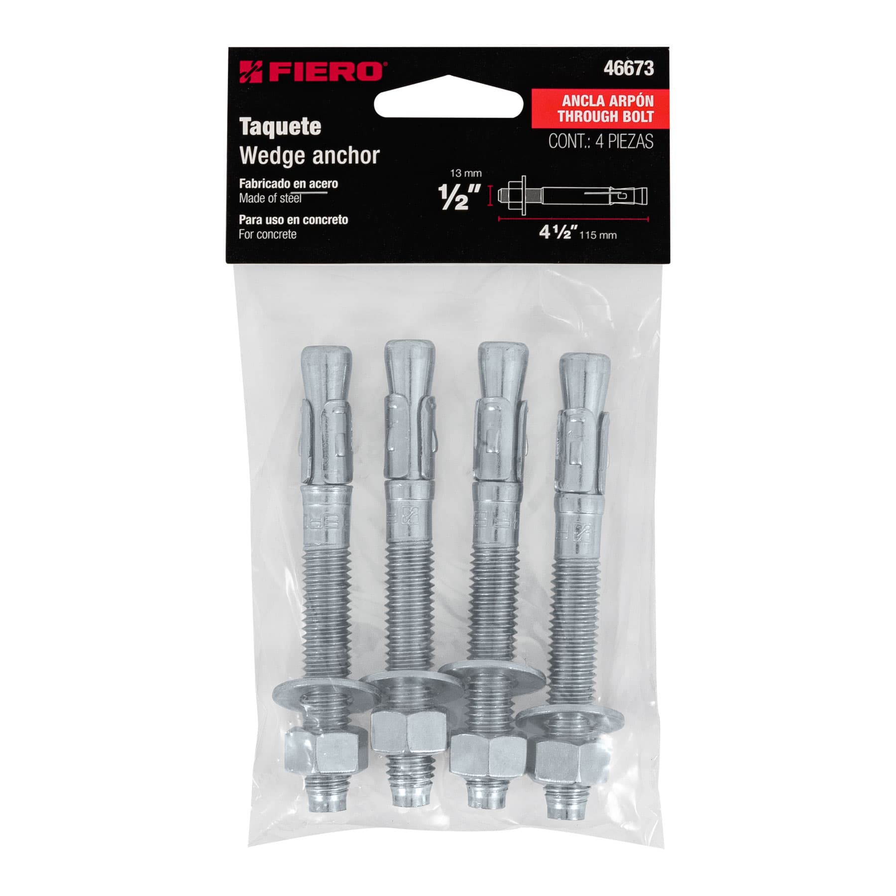 Bolsa con 4 taquetes arpón 1/2" x 4-1/2", Fiero