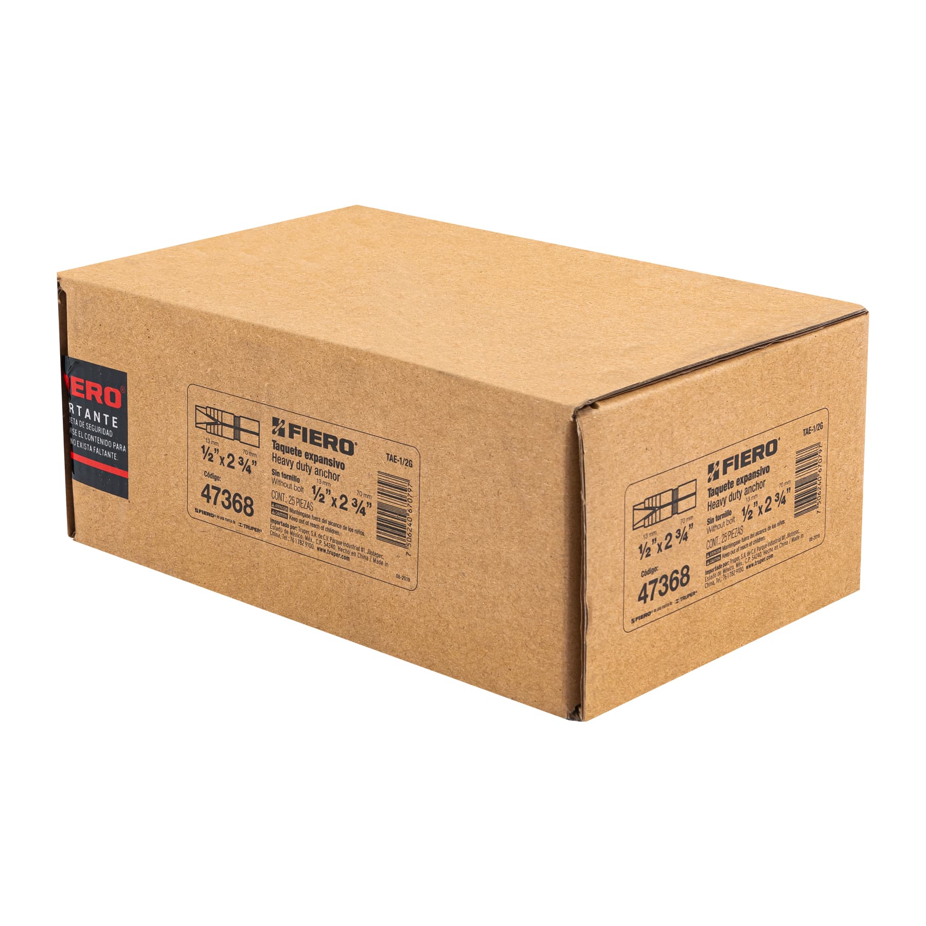 Caja con 25 taquetes expansivos de 1/2" sin tornillo, Fiero