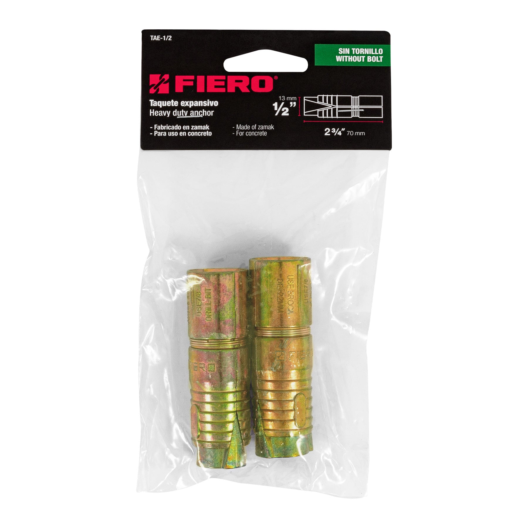 Bolsa con 2 taquetes expansivos de 1/2" sin tornillo, Fiero