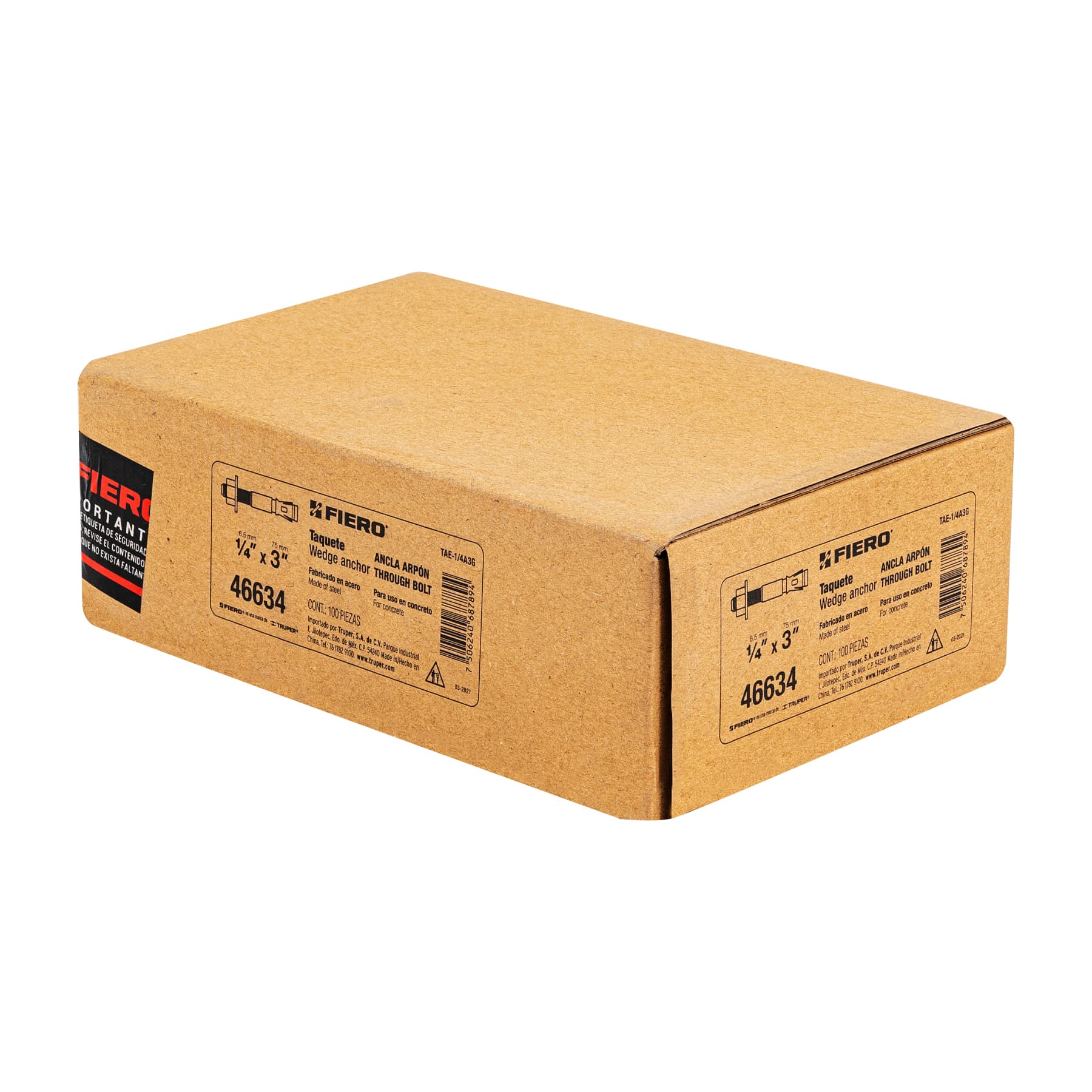 Caja con 100 taquetes arpón de 1/4" x 3", Fiero