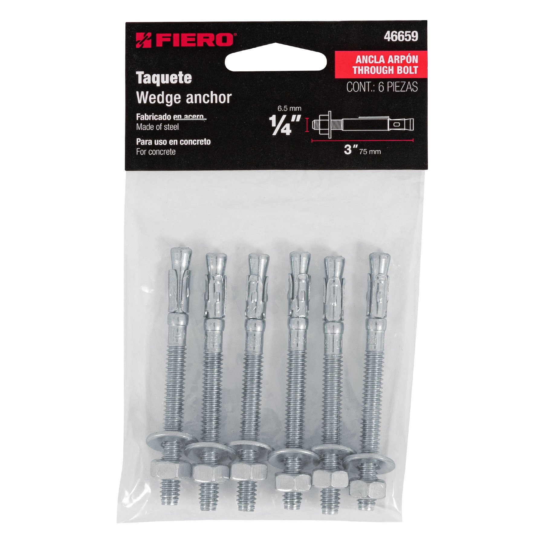 Bolsa con 6 taquetes arpón 1/4" x 3", Fiero