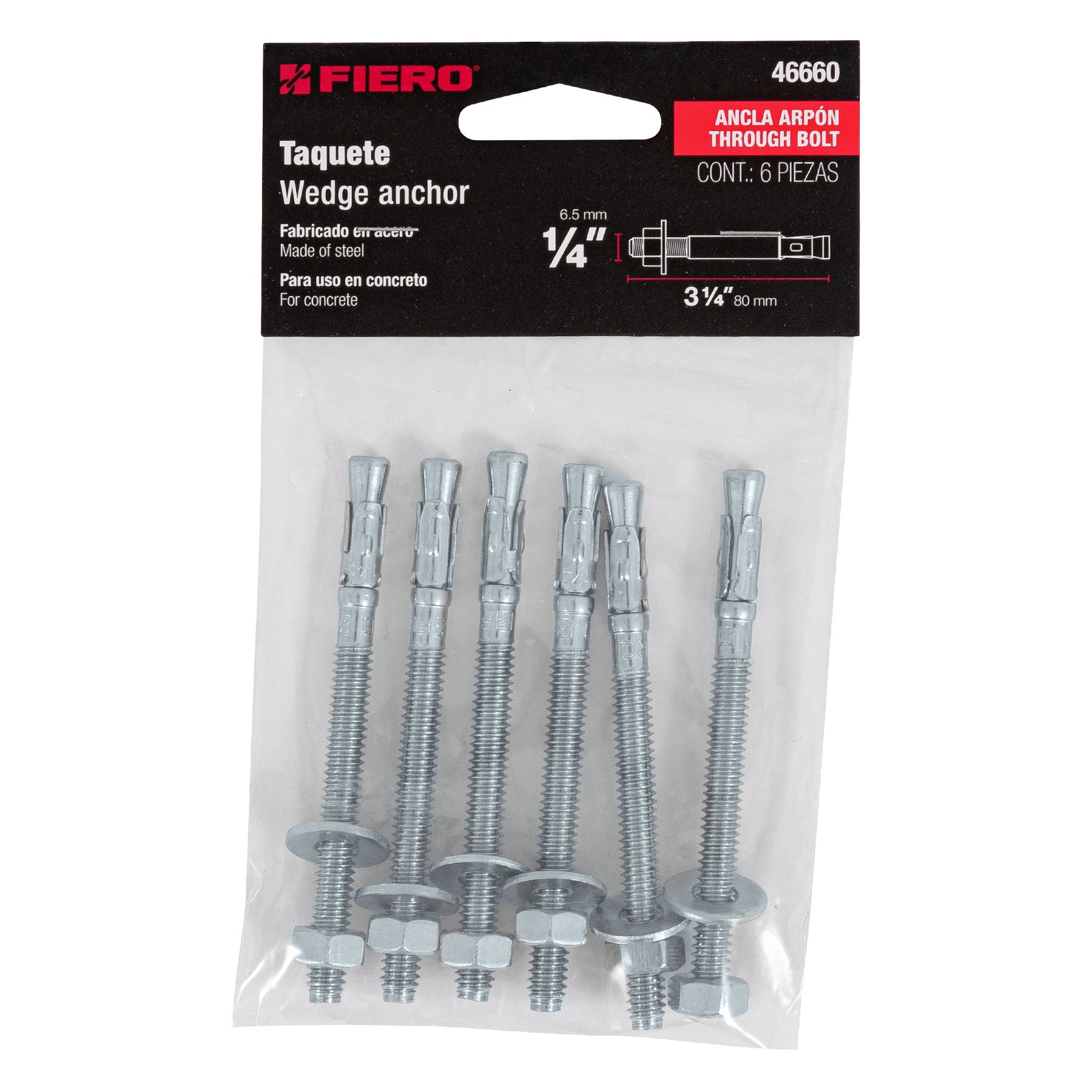 Bolsa con 6 taquetes arpón 1/4" x 3-1/4", Fiero