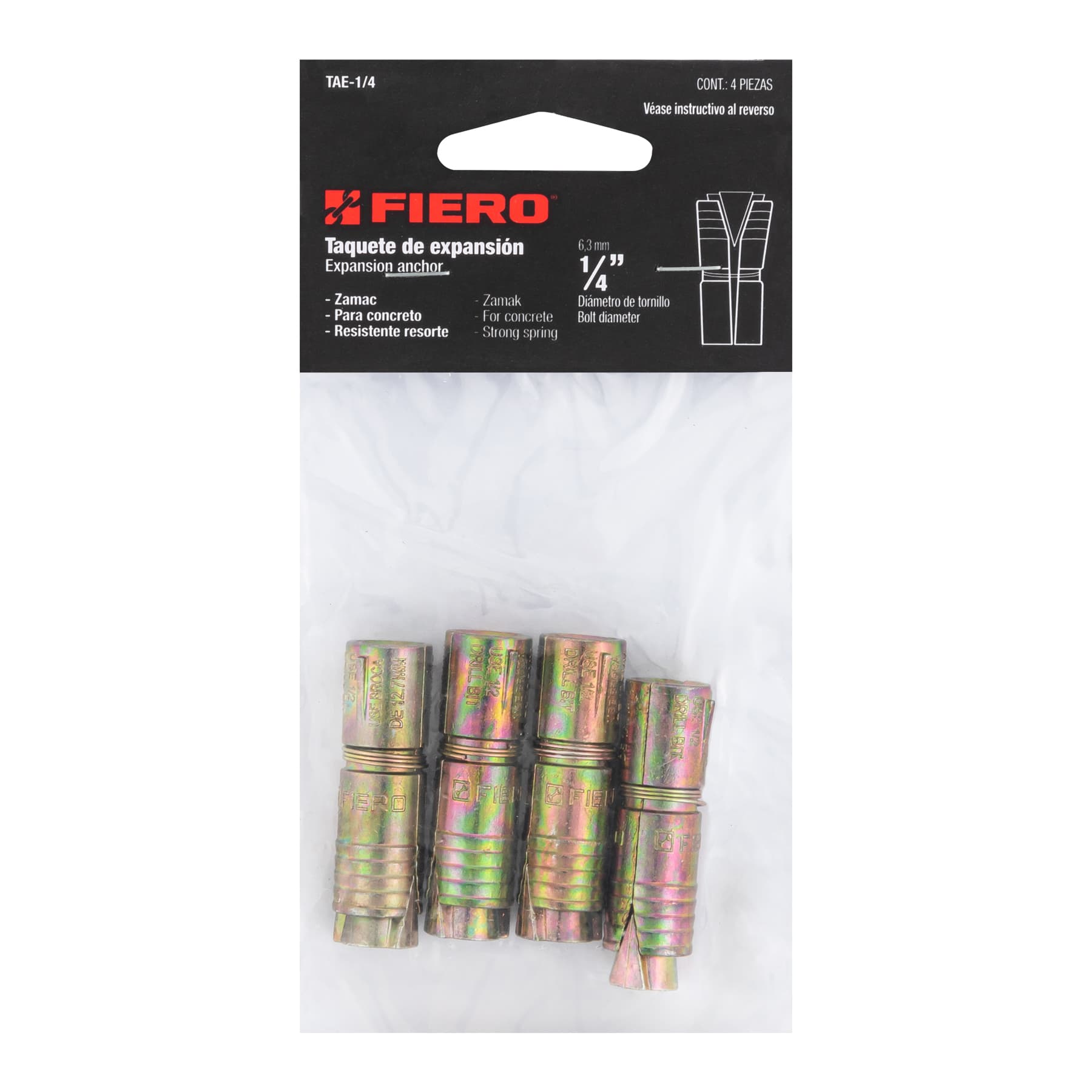 Bolsa con 4 taquetes expansivos de 1/4" sin tornillo, Fiero